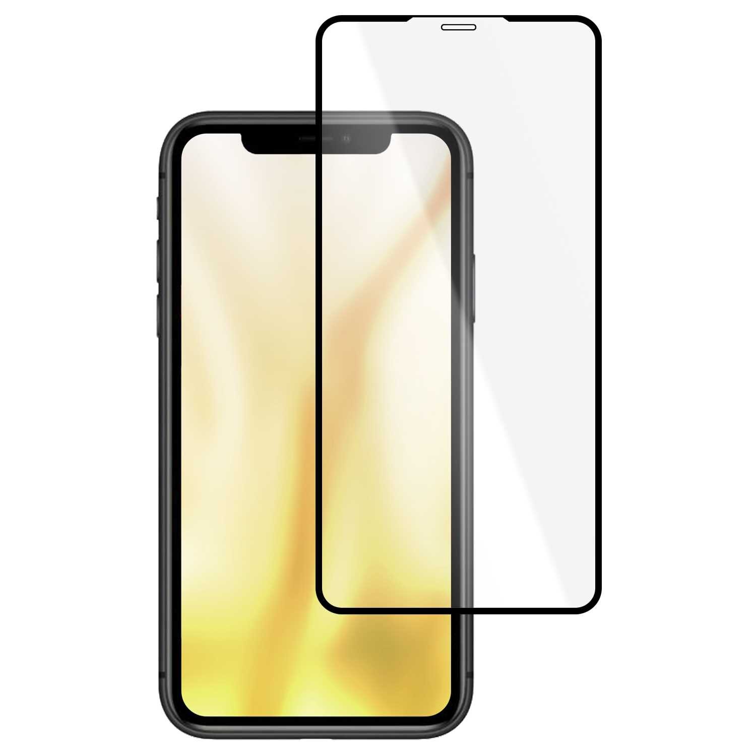 Obraz przedstawia szkło hartowane na telefon, które jest przezroczyste z czarną ramką, umieszczone przed smartfonem z wyświetlaczem o złotym tle.