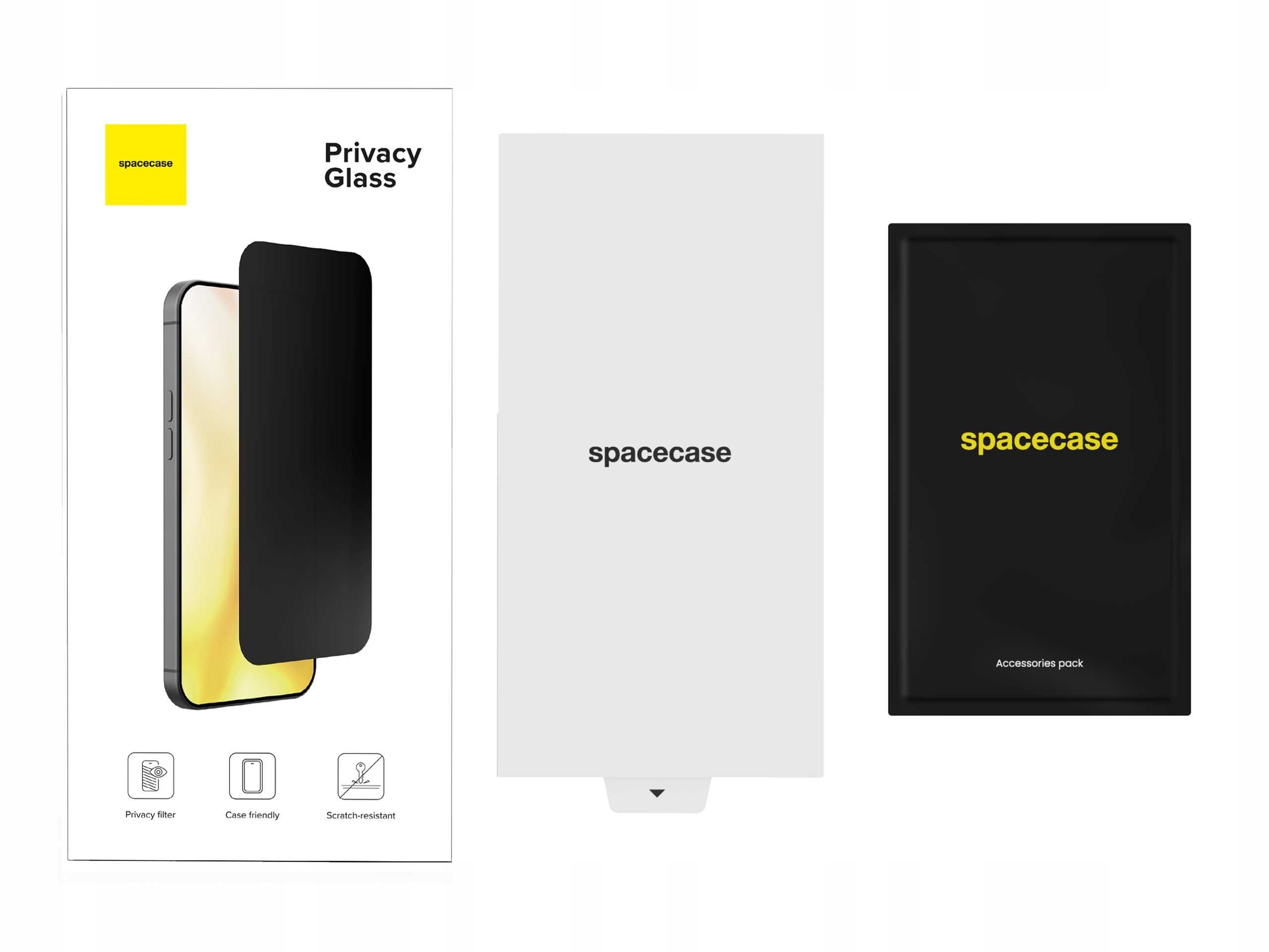 Na obrazie widoczne są trzy elementy: opakowanie z napisem \'spacecase Privacy Glass\', biała karta z napisem \'spacecase\' oraz czarne pudełko z napisem \'spacecase\' i \'Accessories pack\'.
