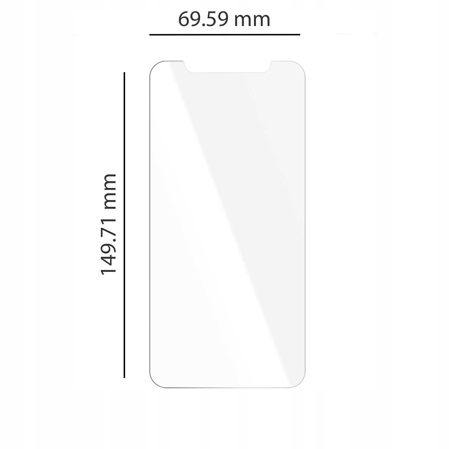 Obraz przedstawia szkło hartowane o wymiarach 69.59 mm na 149.71 mm, przeznaczone do telefonu. Szkło ma wycięcie na górze, prawdopodobnie na głośnik lub kamerę.