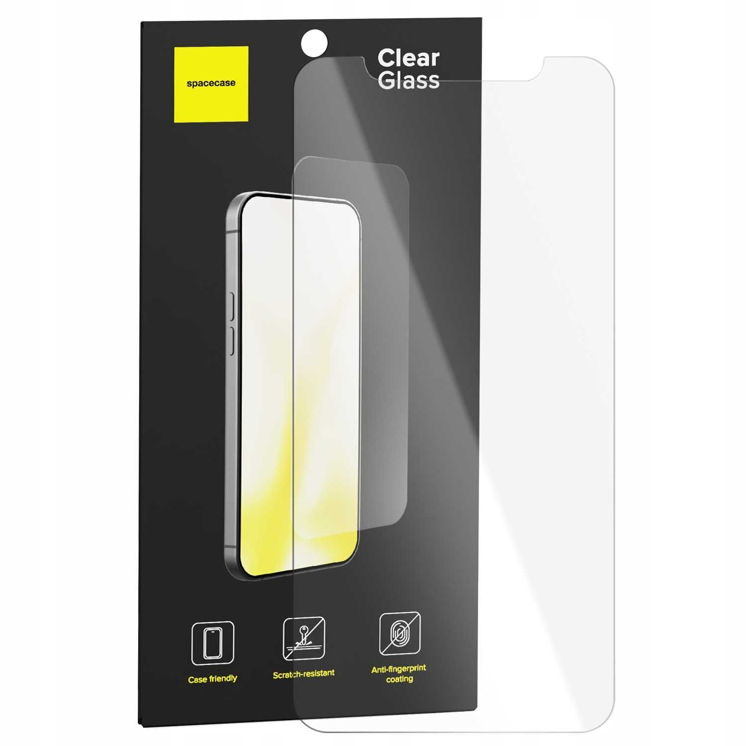 Opakowanie szkła hartowanego SPACECASE Clear Glass z widocznym napisem \'Clear Glass\' oraz logo \'spacecase\'. Na dole opakowania znajdują się ikony z opisami: \'Case friendly\', \'Scratch-resistant\', \'Anti-fingerprint coating\'.