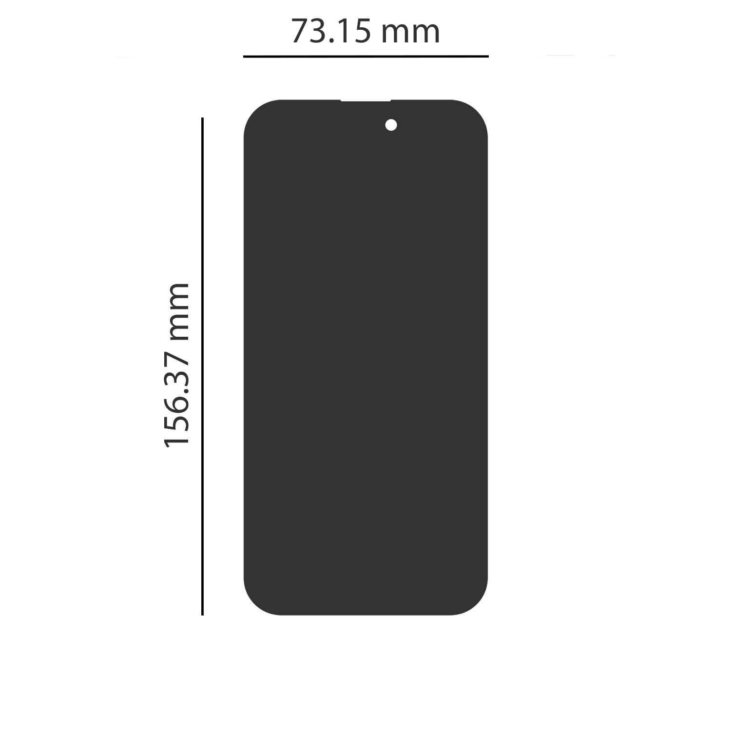Obraz przedstawia prostokątny kształt z zaokrąglonymi rogami, przypominający ekran telefonu, z wymiarami 73.15 mm na 156.37 mm. Na górze znajduje się mały okrągły otwór.