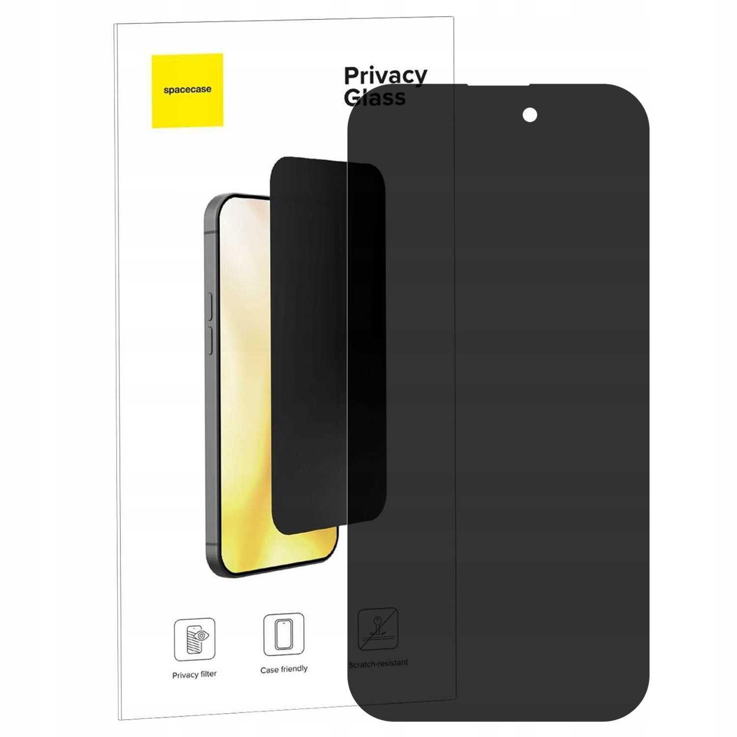 Obraz przedstawia szkło prywatyzujące na telefon, z widocznym napisem \'Privacy Glass\' oraz logo \'spacecase\'. W tle znajduje się opakowanie z ikonami \'Privacy filter\', \'Case friendly\' i \'Scratch-resistant\'.