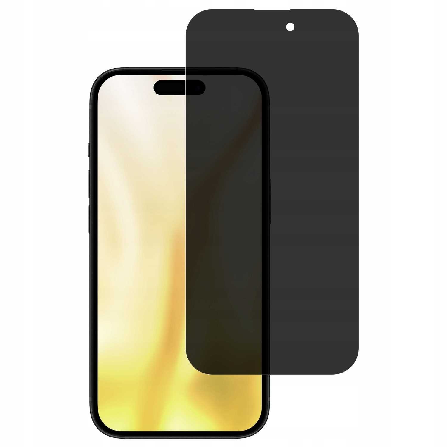 Obraz przedstawia telefon z nałożonym szkłem prywatyzującym, które jest częściowo przezroczyste i ciemne. W tle widoczny jest gradientowy, złoty ekran telefonu.