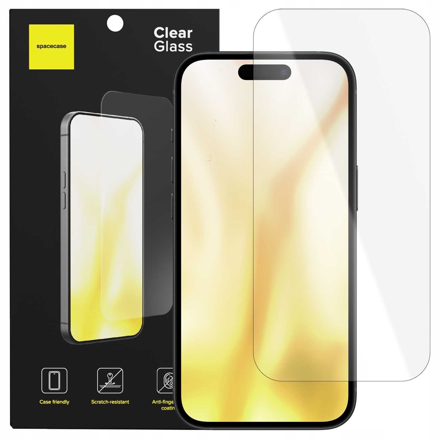 Obraz przedstawia opakowanie szkła hartowanego SPACECASE Clear Glass do telefonu, z widocznym napisem \'Clear Glass\'. Na opakowaniu znajdują się ikony z opisami: \'Case friendly\', \'Scratch-resistant\', \'Anti-fingerprint coating\'.