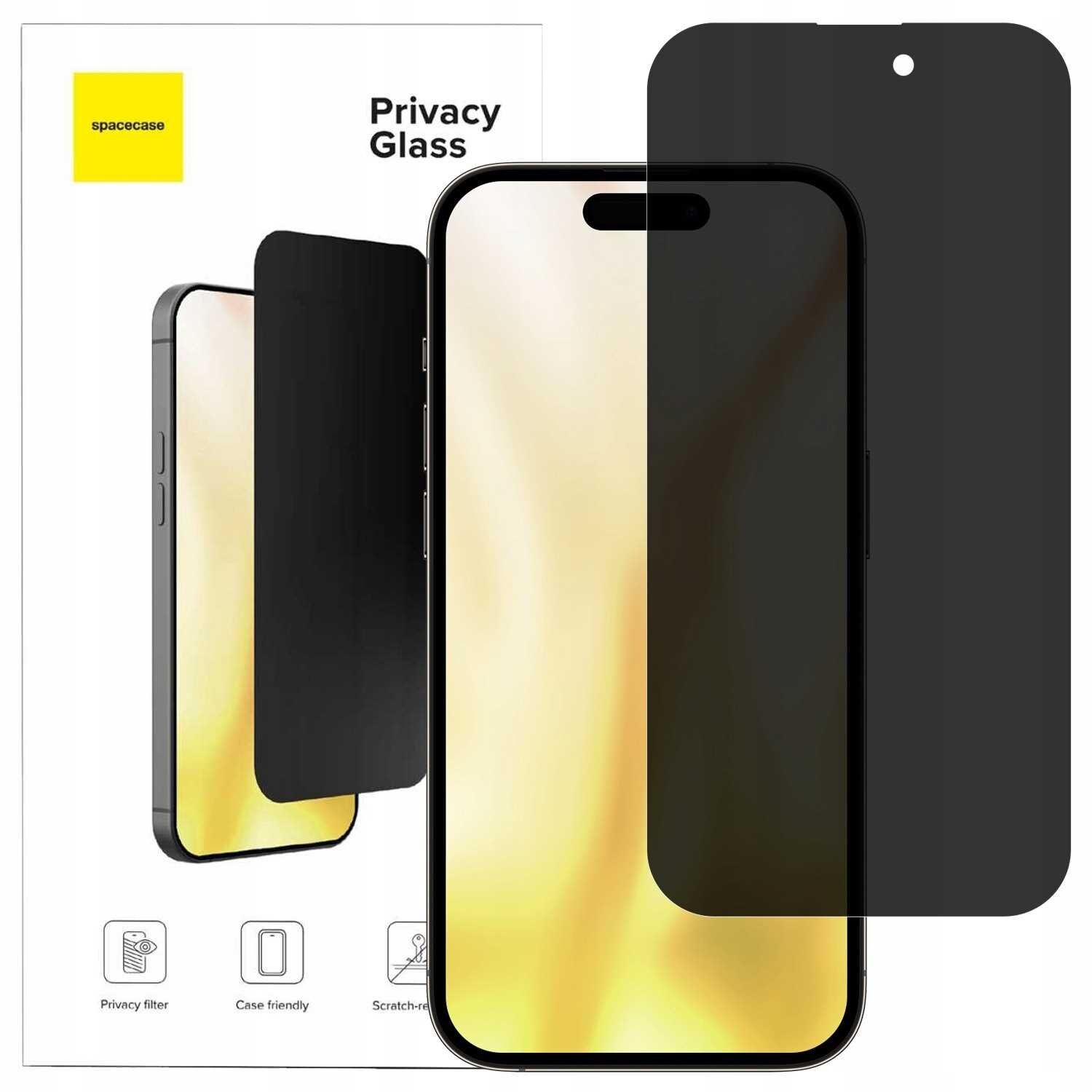 Na obrazie widoczny jest telefon z nałożonym szkłem prywatyzującym oraz opakowanie z napisem \'spacecase Privacy Glass\'. Szkło ma ciemny odcień, a opakowanie zawiera ikony z opisami: \'Privacy filter\', \'Case friendly\', \'Scratch-resistant\'.