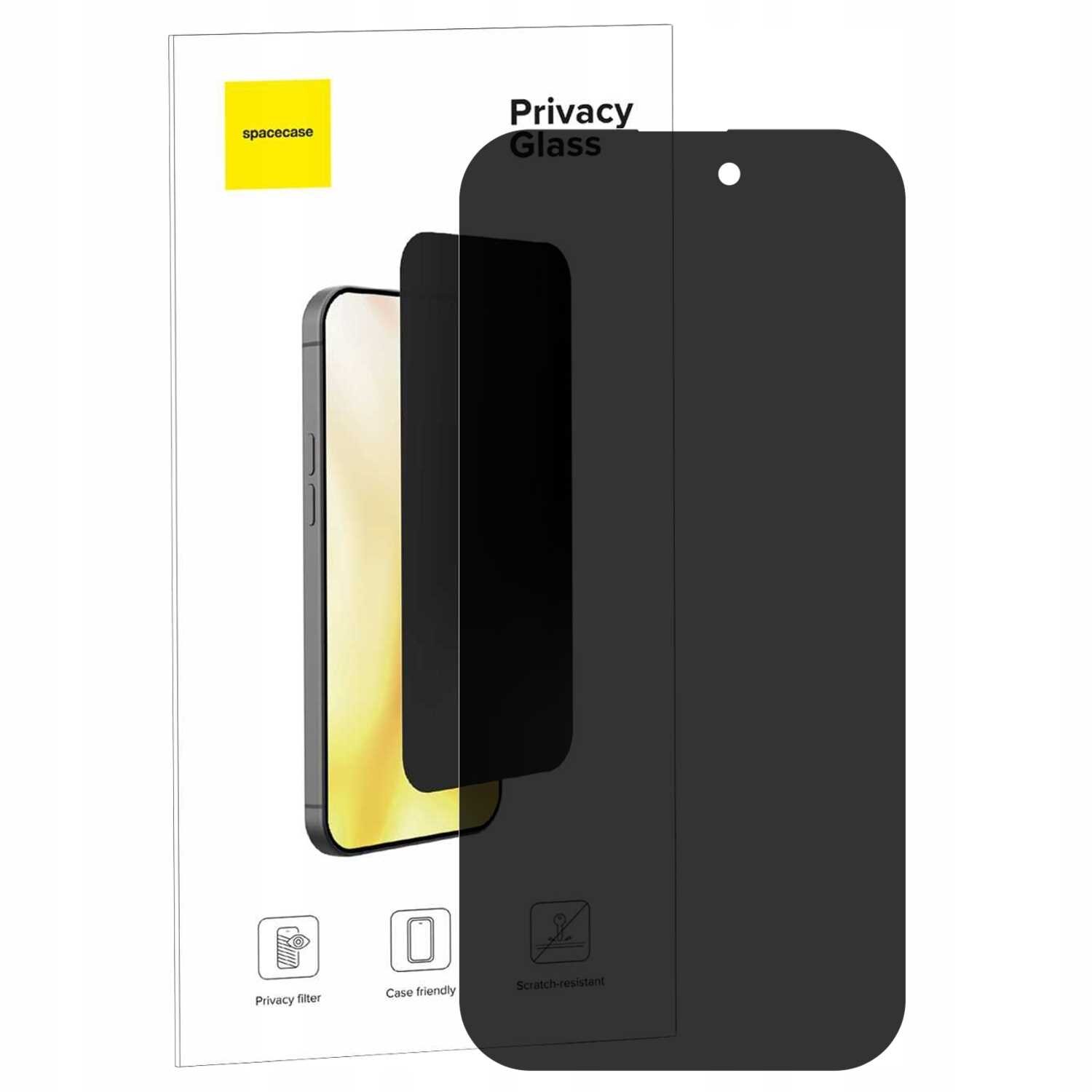 Na obrazie widoczne jest szkło prywatyzujące do telefonu, z napisem \'Privacy Glass\' oraz logo \'spacecase\'. W tle znajduje się opakowanie z ikonami: \'Privacy filter\', \'Case friendly\', \'Scratch-resistant\'.