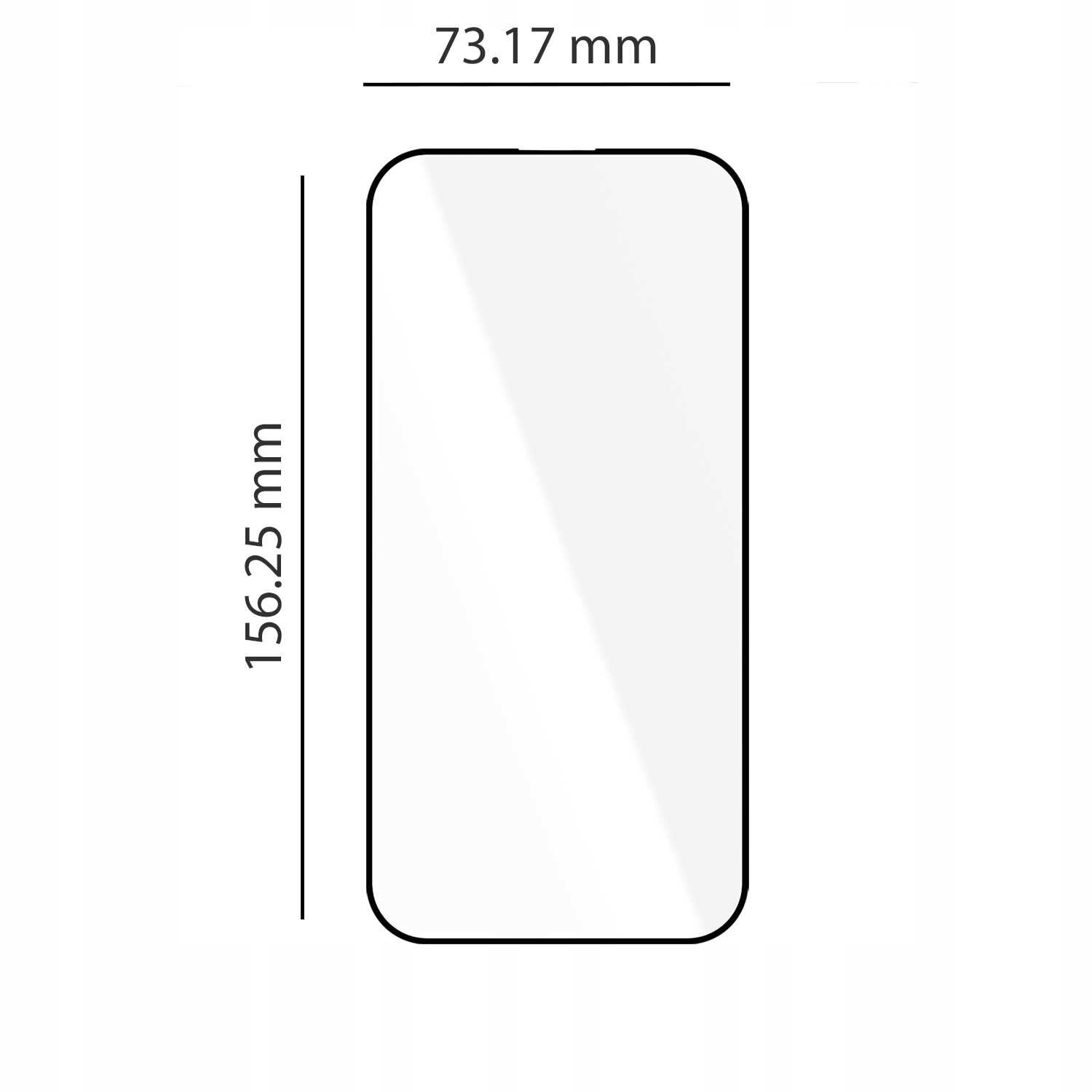 Obraz przedstawia prostokątny kształt z zaokrąglonymi rogami, przypominający ekran telefonu, z wymiarami 156.25 mm na 73.17 mm.