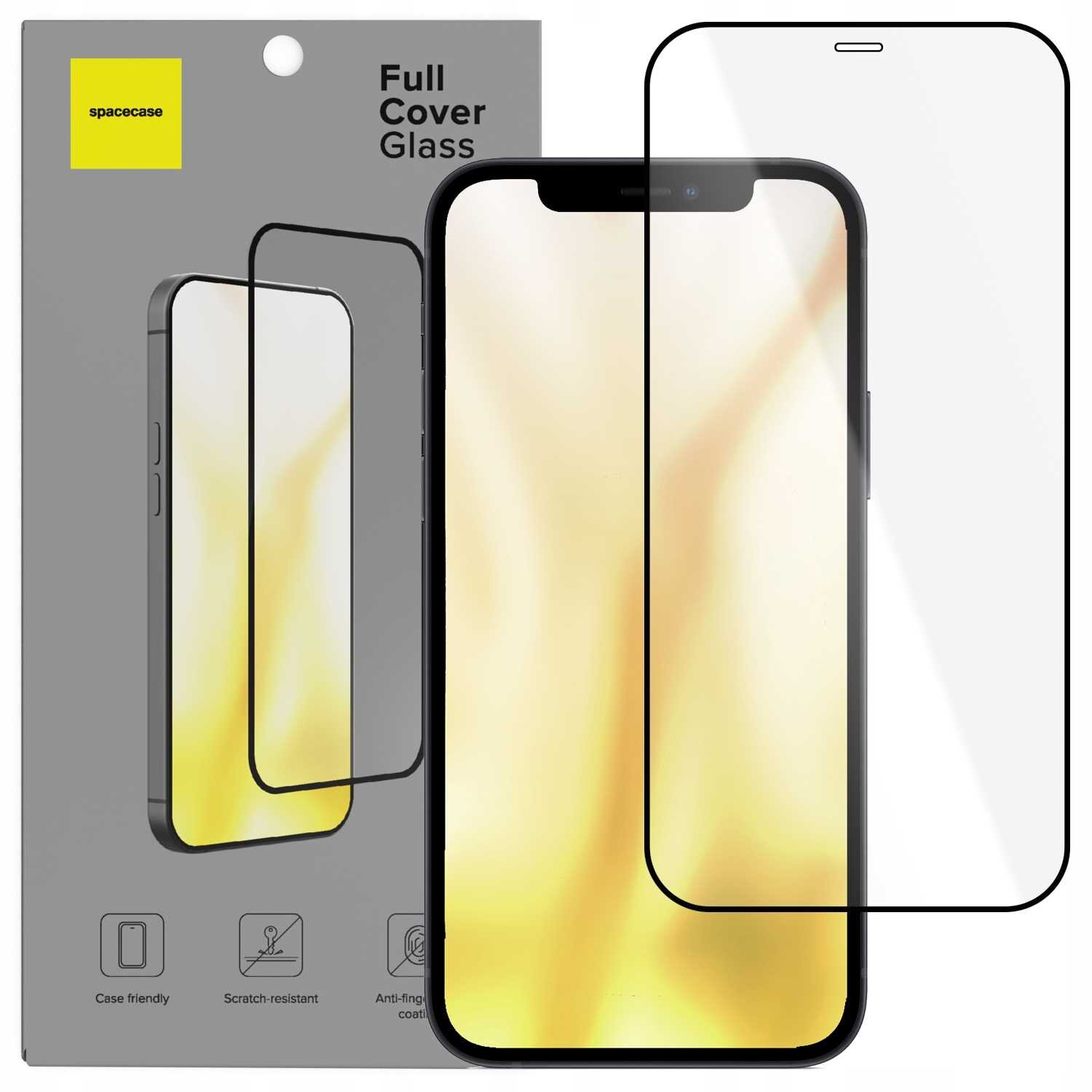 Na obrazie widoczne jest szkło hartowane na telefon, umieszczone przed opakowaniem z napisem \'Full Cover Glass\'. Logo \'spacecase\' znajduje się w lewym górnym rogu opakowania.
