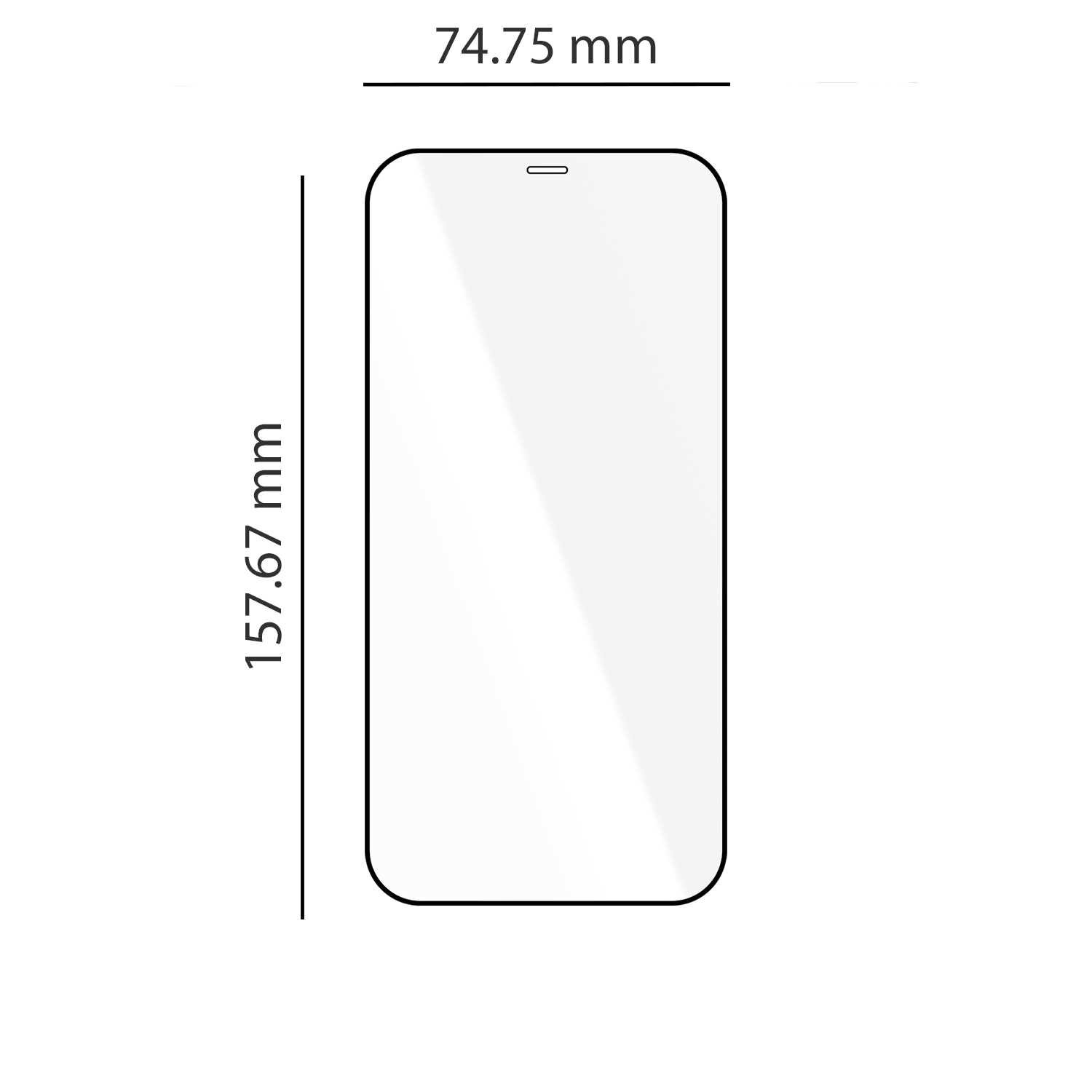 Obraz przedstawia szkło hartowane o wymiarach 157.67 mm na 74.75 mm, przeznaczone do telefonu. Szkło ma zaokrąglone rogi i wycięcie na głośnik.
