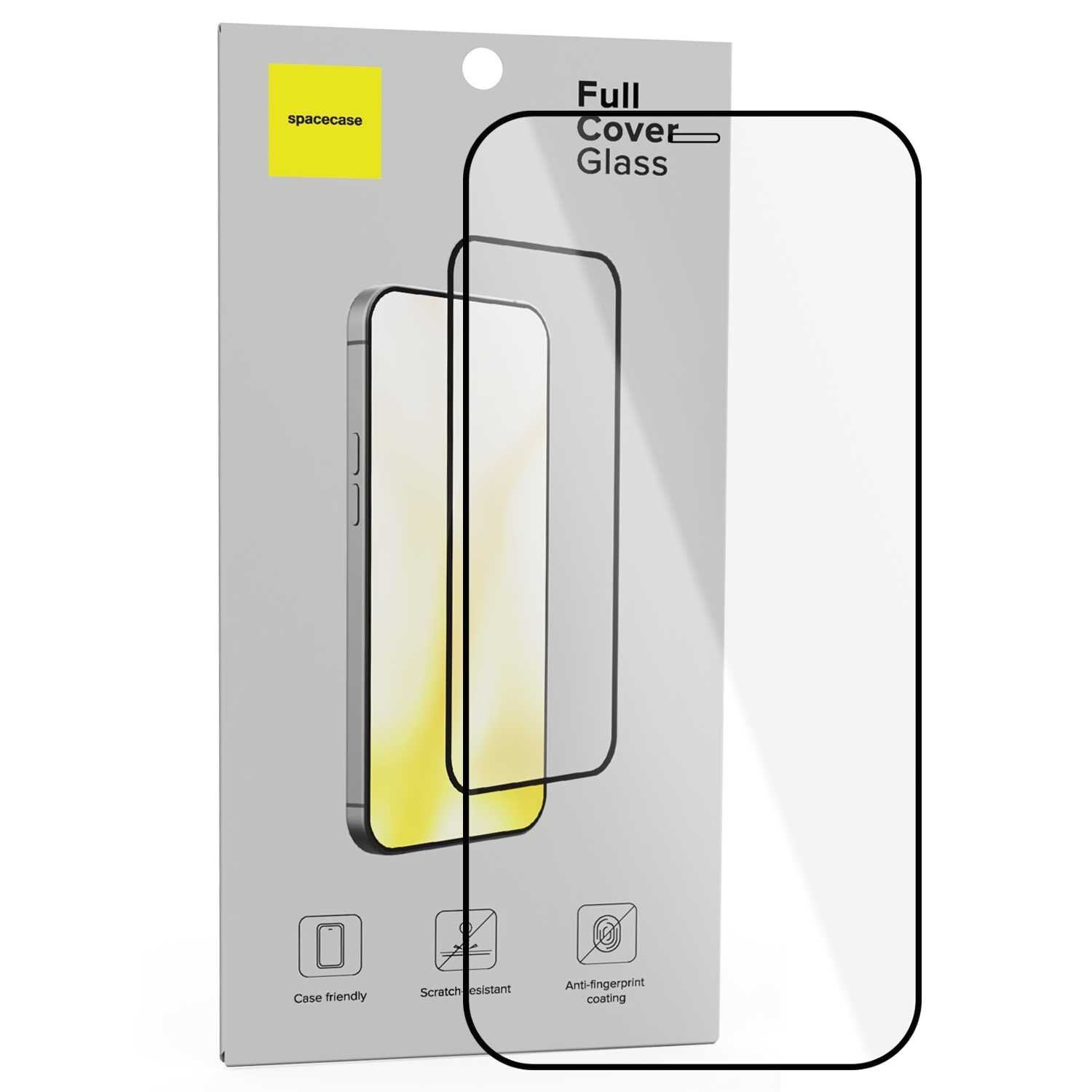 Opakowanie produktu z napisem \'Full Cover Glass\' oraz logo \'spacecase\'. Widoczna jest grafika przedstawiająca szkło hartowane na telefon.