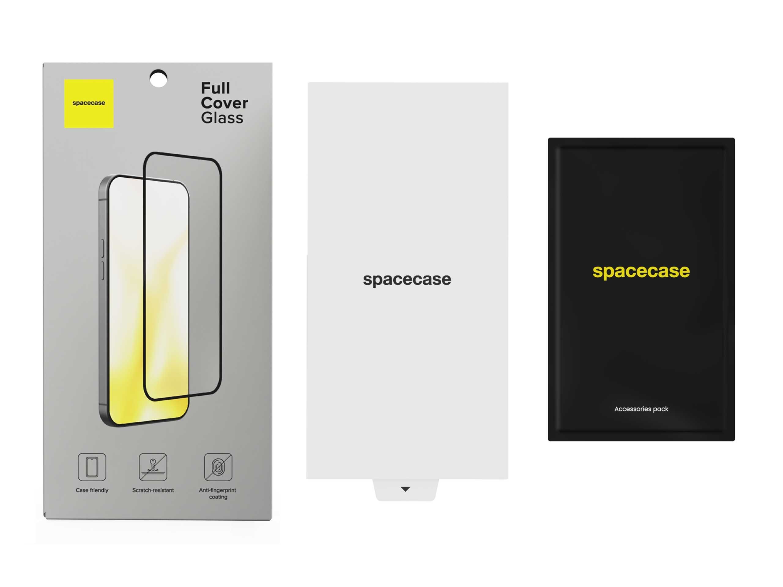 Na obrazie widoczne są trzy elementy: opakowanie z napisem \'Full Cover Glass\' i logo \'spacecase\', biała karta z napisem \'spacecase\', oraz czarne pudełko z napisem \'spacecase\' i \'Accessory pack\'.
