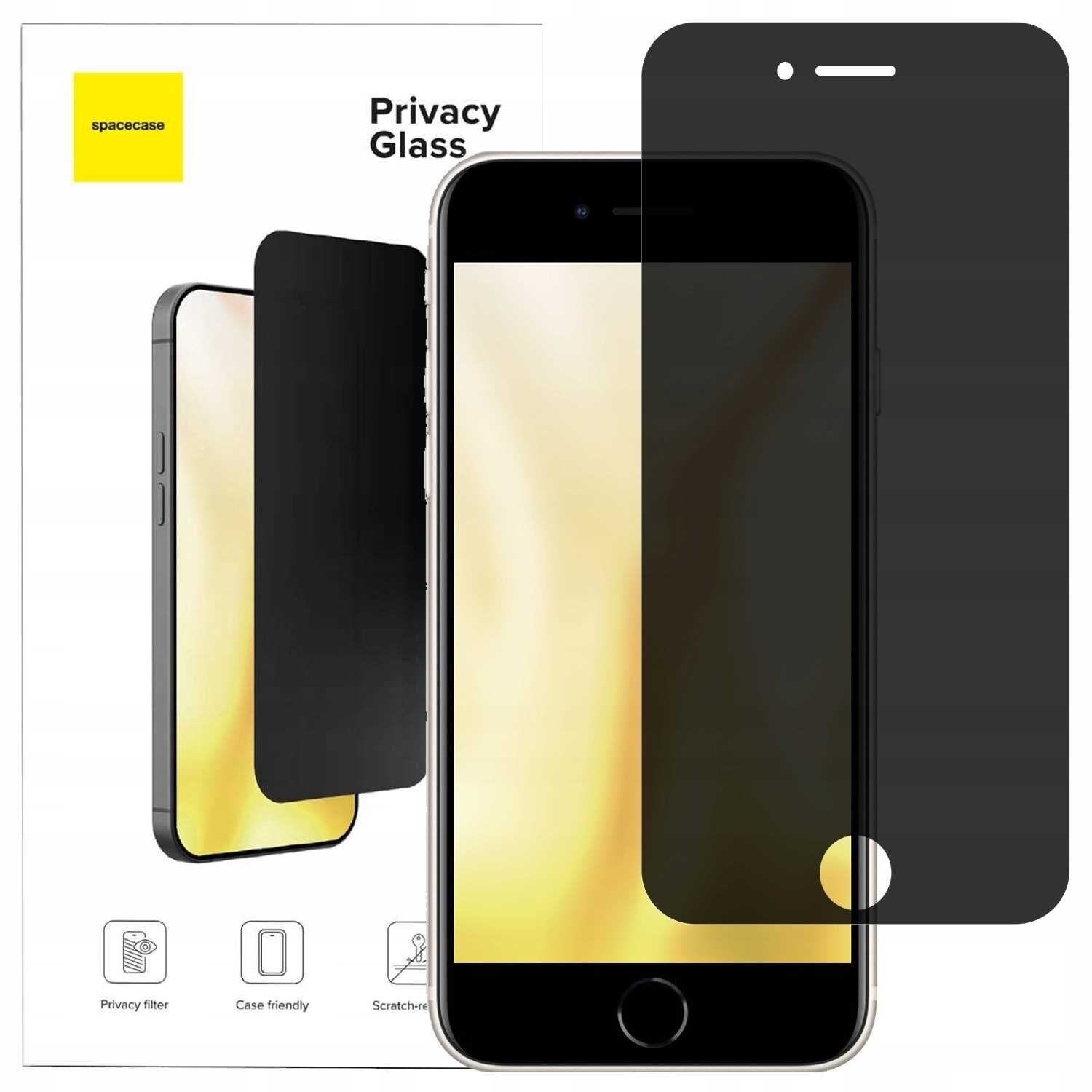 Na obrazie widoczny jest telefon z nałożonym szkłem prywatyzującym oraz opakowanie z napisem \'spacecase Privacy Glass\'. Szkło ma ciemny odcień, a na opakowaniu znajdują się ikony z opisami: \'Privacy filter\', \'Case friendly\', \'Scratch-resistant\'.