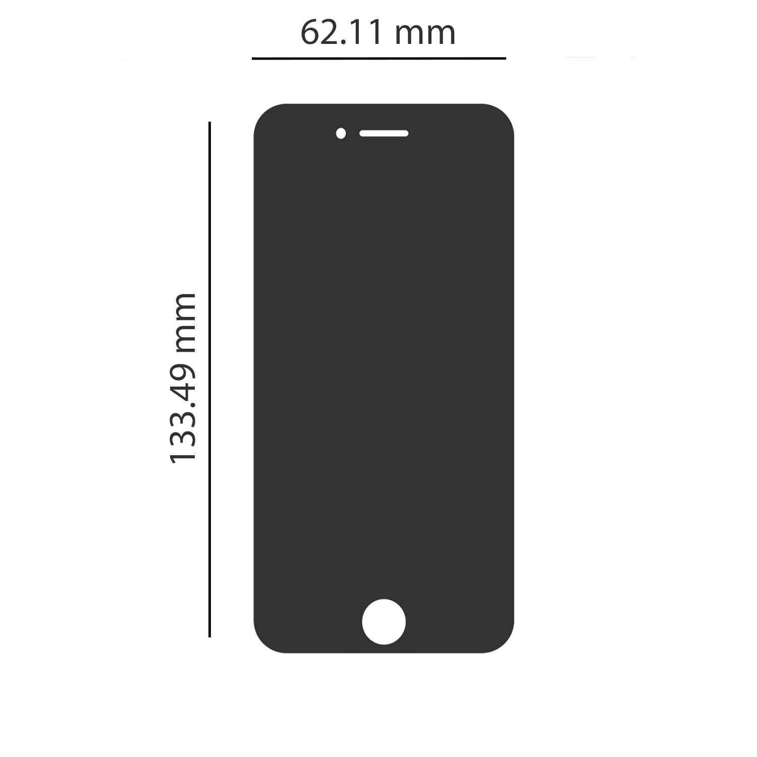 Czarny prostokąt z zaokrąglonymi rogami, przypominający kształt telefonu, z wymiarami 62.11 mm szerokości i 133.49 mm wysokości. Na górze prostokąta znajduje się mały otwór, a na dole większy okrągły otwór.