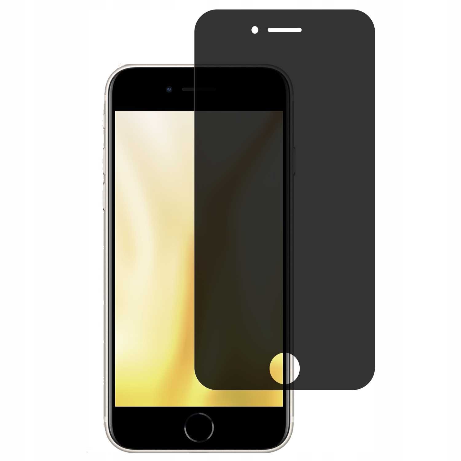 Na obrazie widoczny jest smartfon z nałożonym szkłem prywatyzującym, które jest ciemne i zasłania ekran. Szkło ma wycięcia na głośnik i przycisk główny.