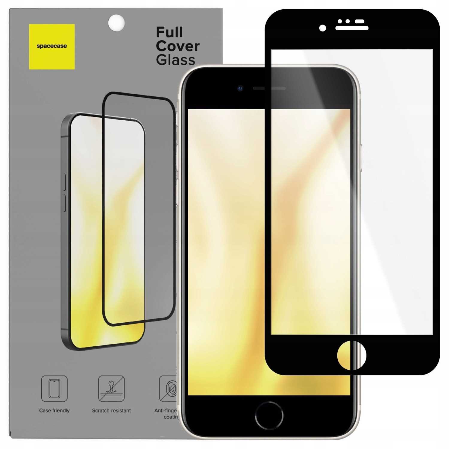 Opakowanie produktu z napisem \'Full Cover Glass\' oraz logo \'spacecase\'. Obok opakowania znajduje się telefon z nałożonym szkłem hartowanym, które jest przezroczyste z czarnymi krawędziami.