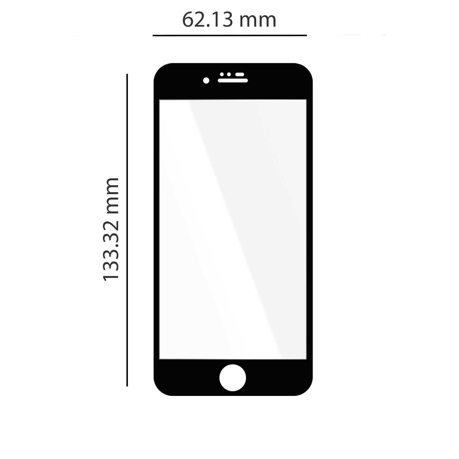 Obraz przedstawia schematyczny rysunek szkła hartowanego na telefon z wymiarami 62.13 mm szerokości i 133.32 mm wysokości. Szkło ma wycięcia na głośnik i przycisk główny.
