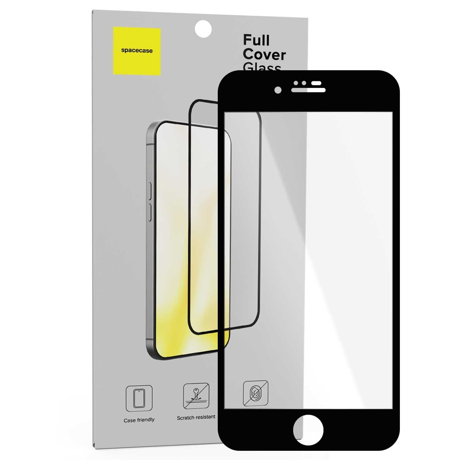 Opakowanie szkła hartowanego SPACECASE Full Cover Glass z widocznym logo \'spacecase\' i napisem \'Full Cover Glass\'. Na opakowaniu znajdują się ikony z napisami: \'Case friendly\', \'Scratch-resistant\'.