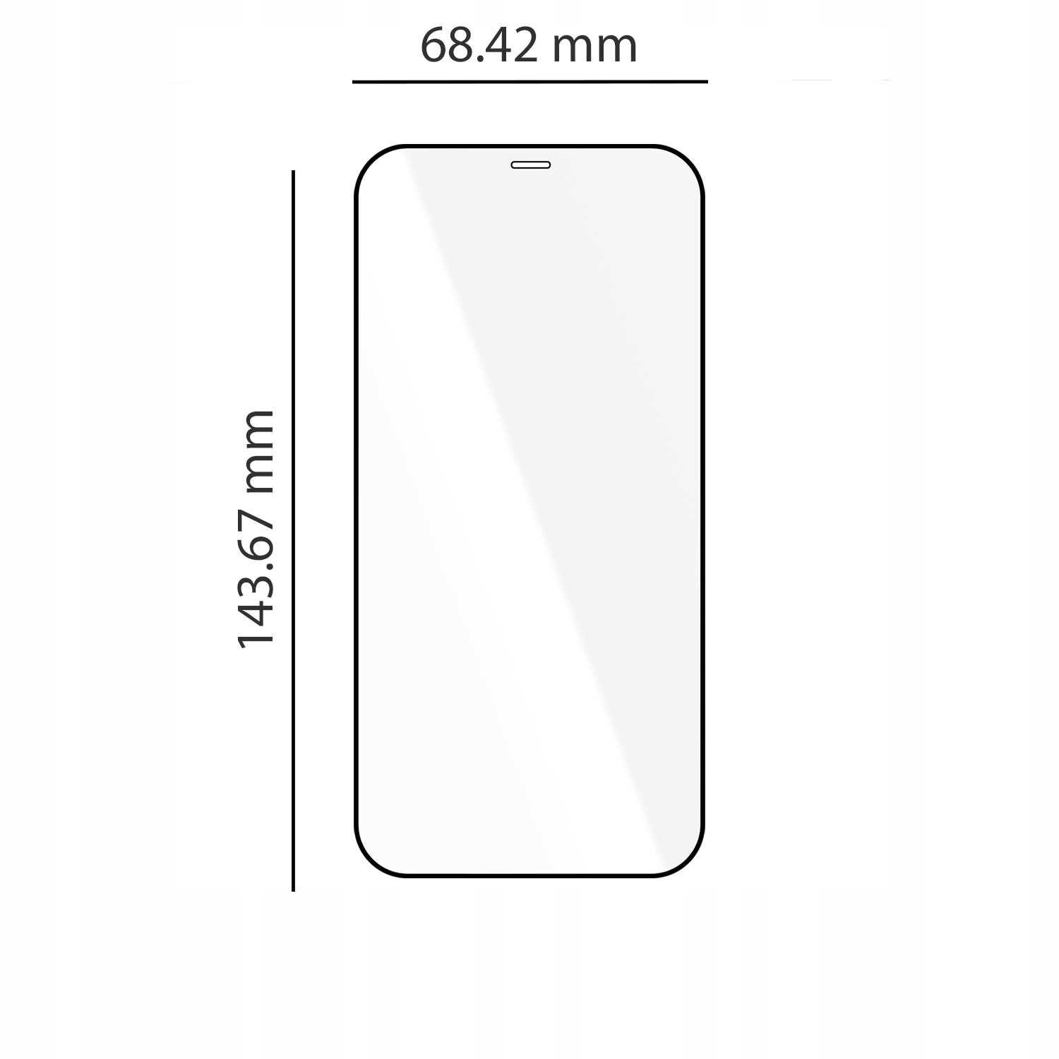 Obraz przedstawia prostokątny kształt z zaokrąglonymi rogami, przypominający ekran telefonu, z wymiarami 143.67 mm na 68.42 mm. Na górze znajduje się mały otwór, prawdopodobnie na głośnik.