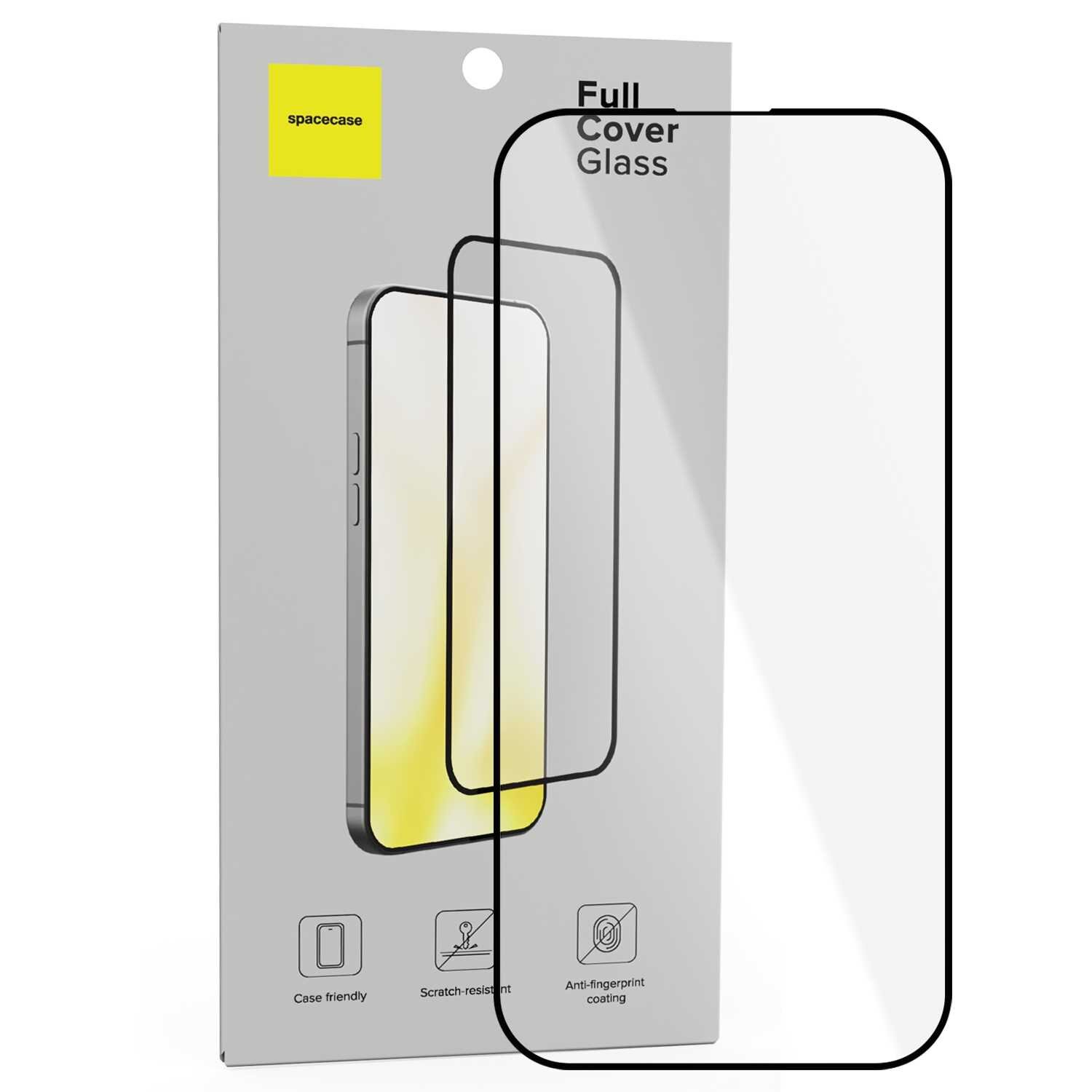 Opakowanie szkła hartowanego SPACECASE Full Cover Glass do iPhone 14 Pro z widocznym szkłem na tle grafiki telefonu. Na opakowaniu znajdują się ikony z napisami: \'Case friendly\', \'Scratch-resistant\', \'Anti-fingerprint coating\'.