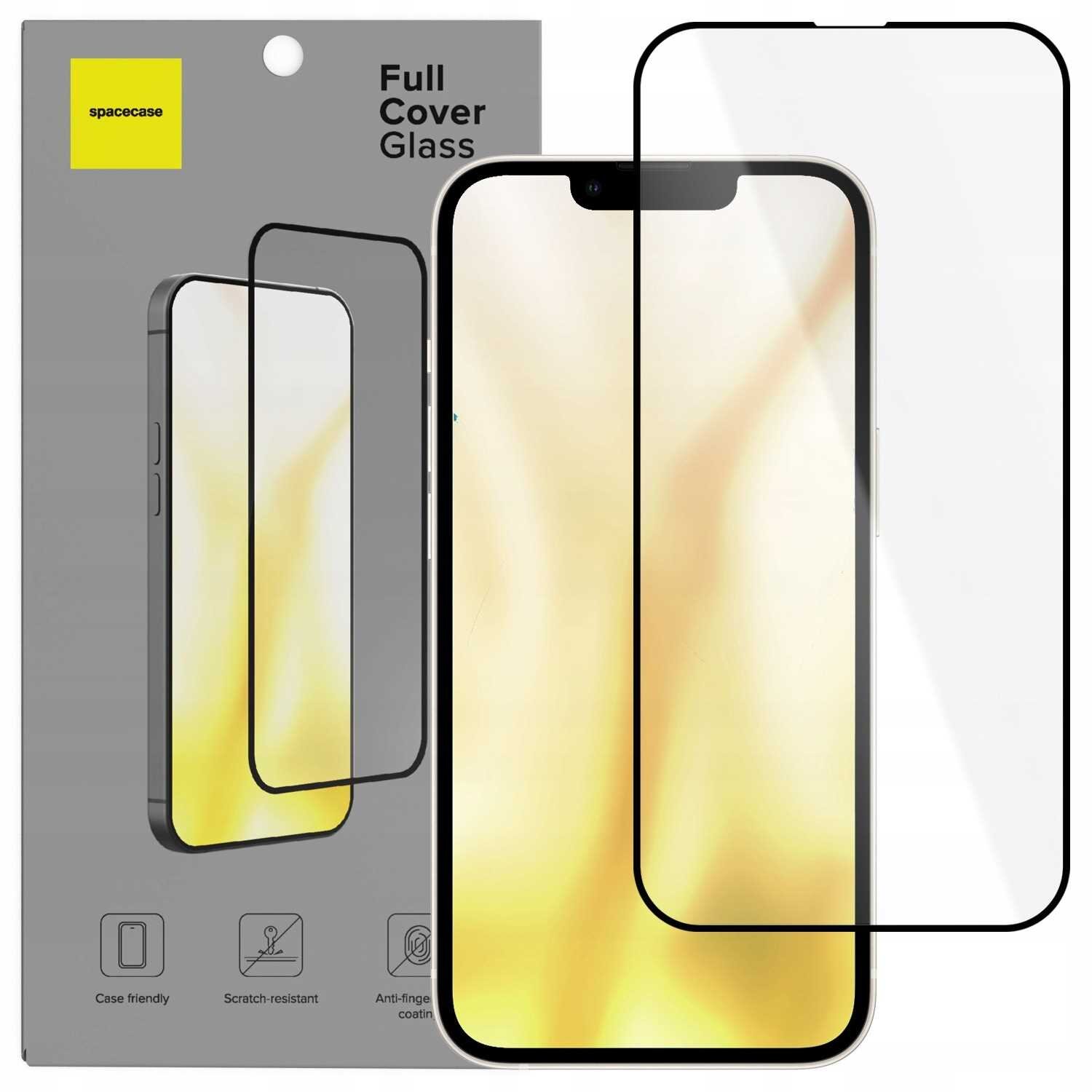 Opakowanie szkła hartowanego SPACECASE Full Cover Glass z widocznym telefonem i szkłem ochronnym. Na opakowaniu znajdują się ikony z napisami: \'Case friendly\', \'Scratch-resistant\', \'Anti-fingerprint coating\'.