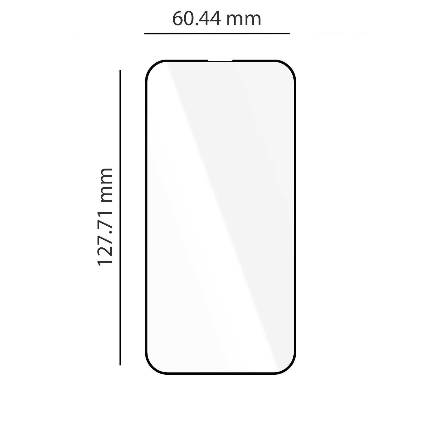 Obraz przedstawia prostokątny kształt z zaokrąglonymi rogami, przypominający ekran telefonu, z wymiarami 74.27 mm na 157.05 mm.
