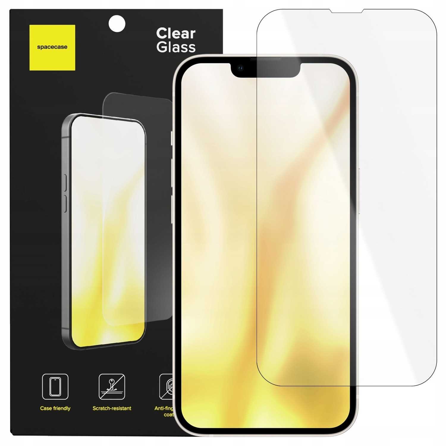 Obraz przedstawia opakowanie szkła hartowanego SPACECASE Clear Glass oraz samo szkło na telefon. Na opakowaniu widnieje napis \'Clear Glass\' oraz ikony z opisami: \'Case friendly\', \'Scratch-resistant\', \'Anti-fingerprint coating\'.