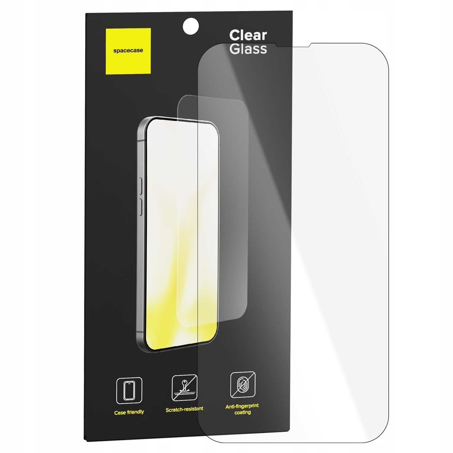 Opakowanie szkła hartowanego z napisem \'spacecase\' i \'Clear Glass\'. Na dole widoczne są ikony z opisami: \'Case friendly\', \'Scratch-resistant\', \'Anti-fingerprint coating\'.