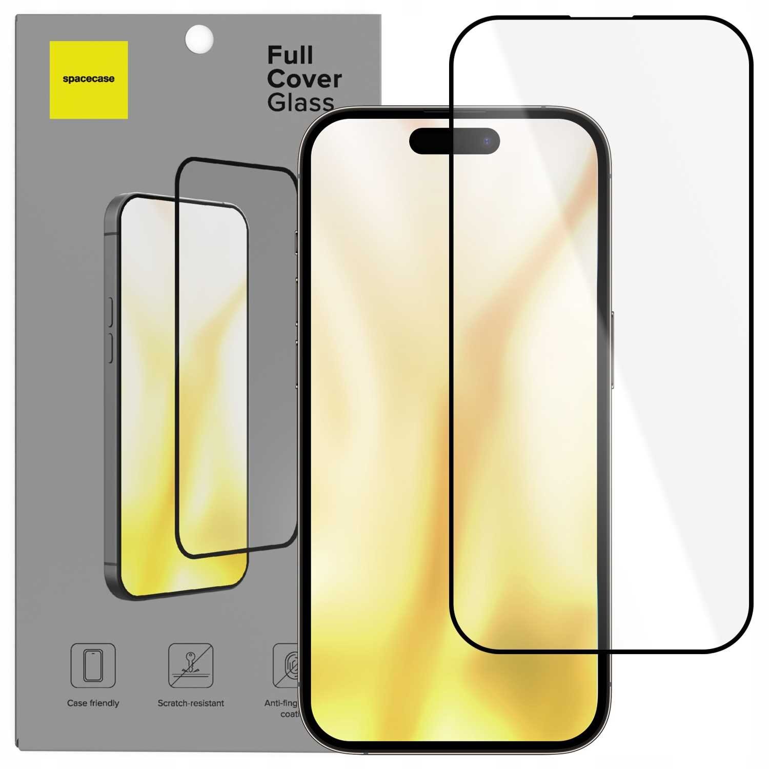 Opakowanie szkła hartowanego SPACECASE Full Cover Glass do iPhone 14 Pro z widocznym szkłem ochronnym na tle telefonu. Na opakowaniu znajdują się ikony z napisami: \'Case friendly\', \'Scratch-resistant\', \'Anti-fingerprint coating\'.