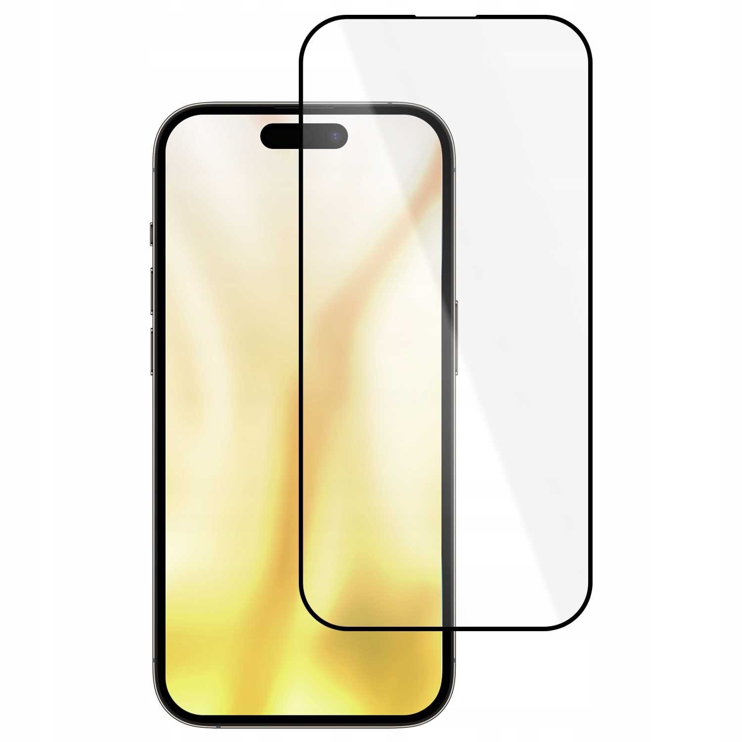 Obraz przedstawia szkło hartowane na ekran smartfona z czarną ramką. Szkło jest przezroczyste i dopasowane do kształtu ekranu urządzenia.