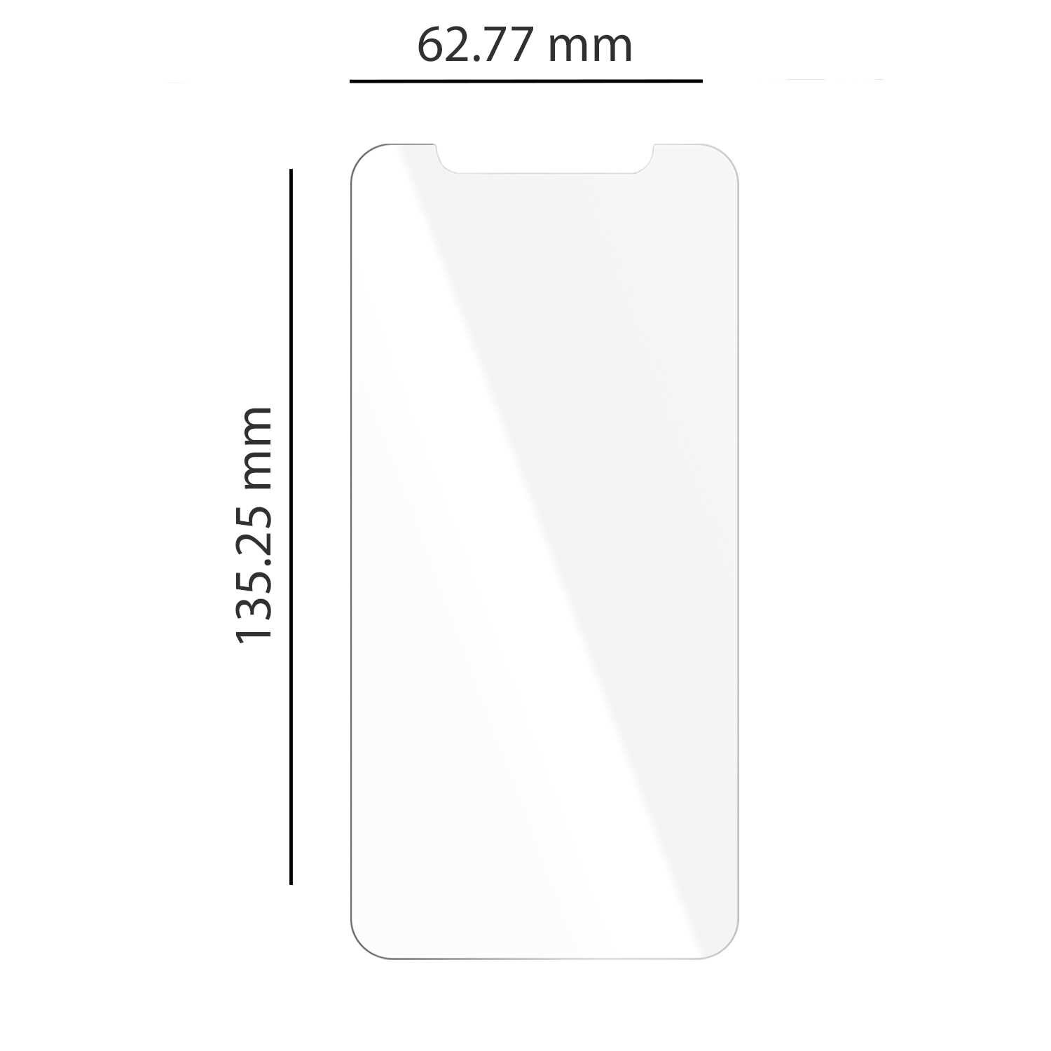 Obraz przedstawia szkło hartowane o wymiarach 62.77 mm na 135.25 mm, przeznaczone do telefonu. Szkło ma wycięcie na górze, prawdopodobnie na głośnik lub kamerę.