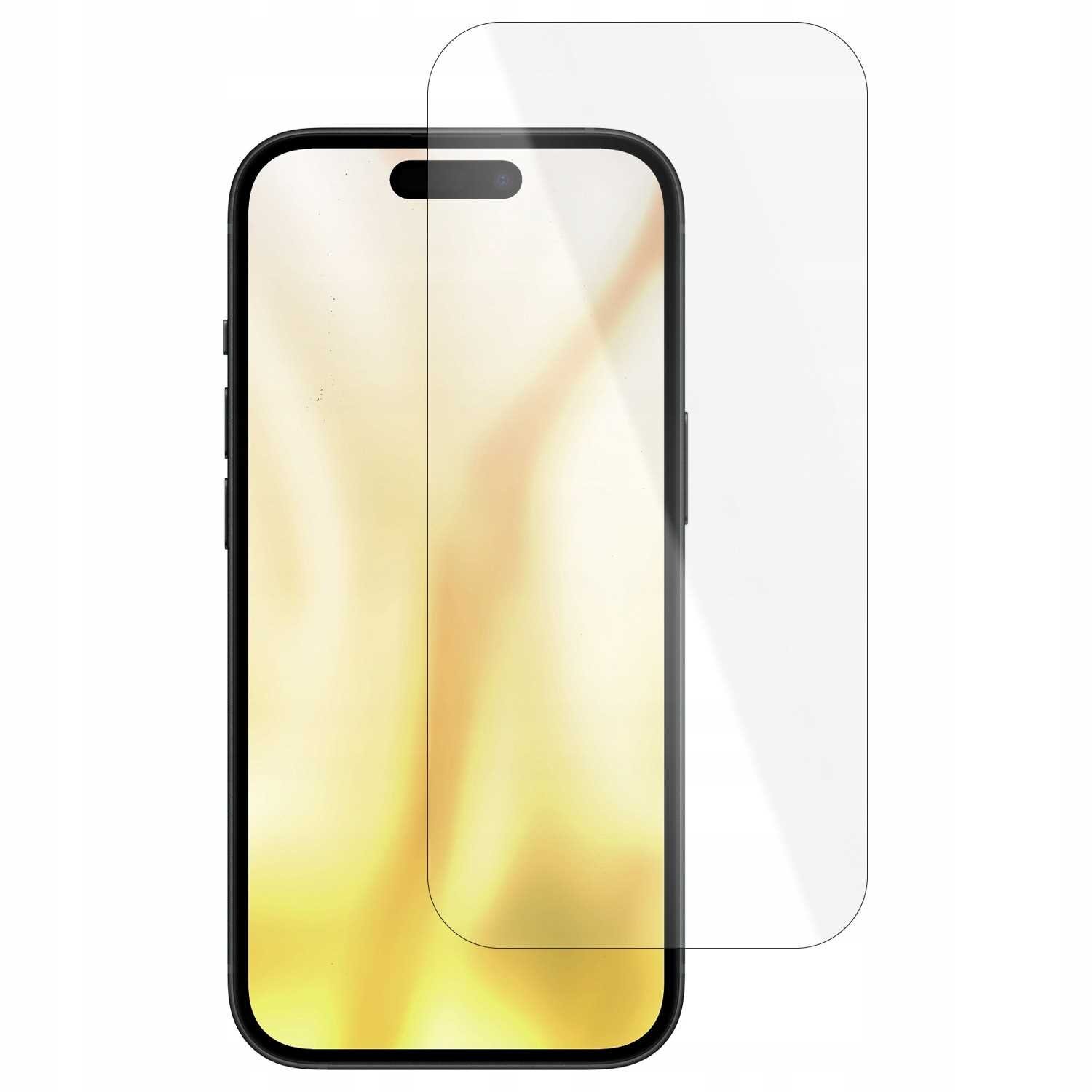 Na obrazie widoczny jest smartfon z nałożonym szkłem hartowanym, które jest przezroczyste i dopasowane do ekranu urządzenia. Tło ekranu ma żółtawy odcień.
