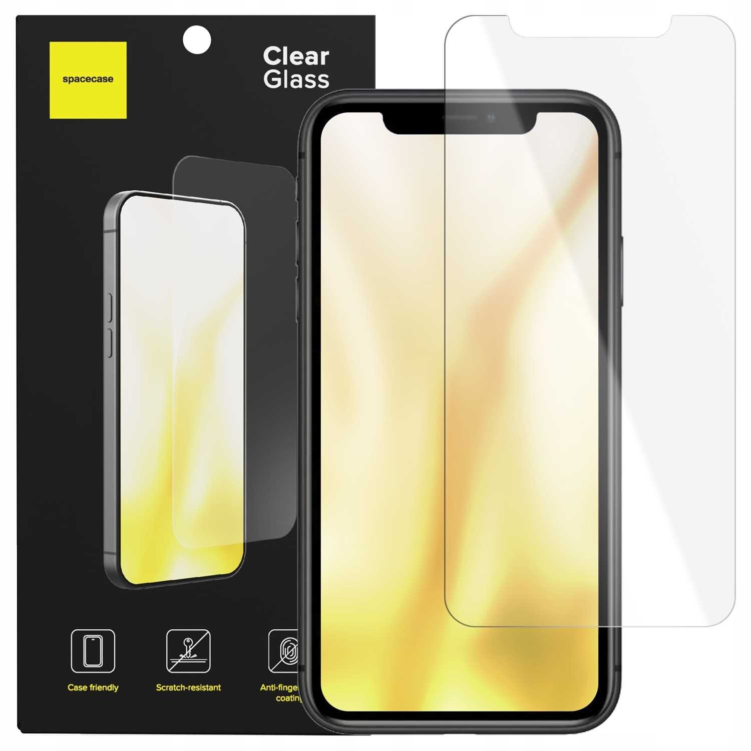 Na obrazie widoczne jest opakowanie szkła hartowanego SPACECASE Clear Glass oraz telefon z nałożonym szkłem ochronnym. Na opakowaniu znajdują się ikony z napisami: \'Case friendly\', \'Scratch-resistant\', \'Anti-fingerprint coating\'.