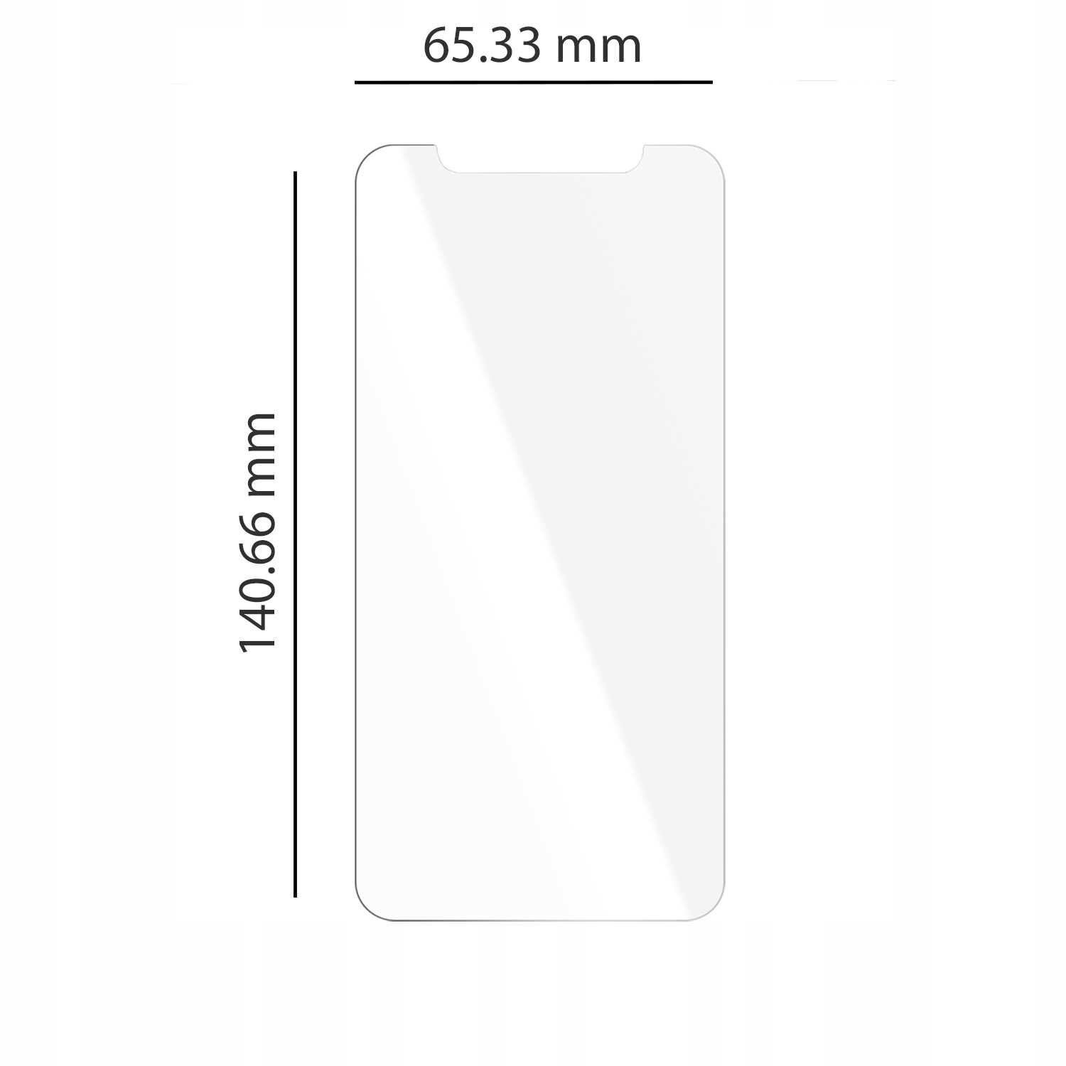 Obraz przedstawia szkło hartowane o wymiarach 69.59 mm na 149.71 mm, przeznaczone do telefonu. Szkło ma wycięcie na górze, prawdopodobnie na głośnik lub kamerę.