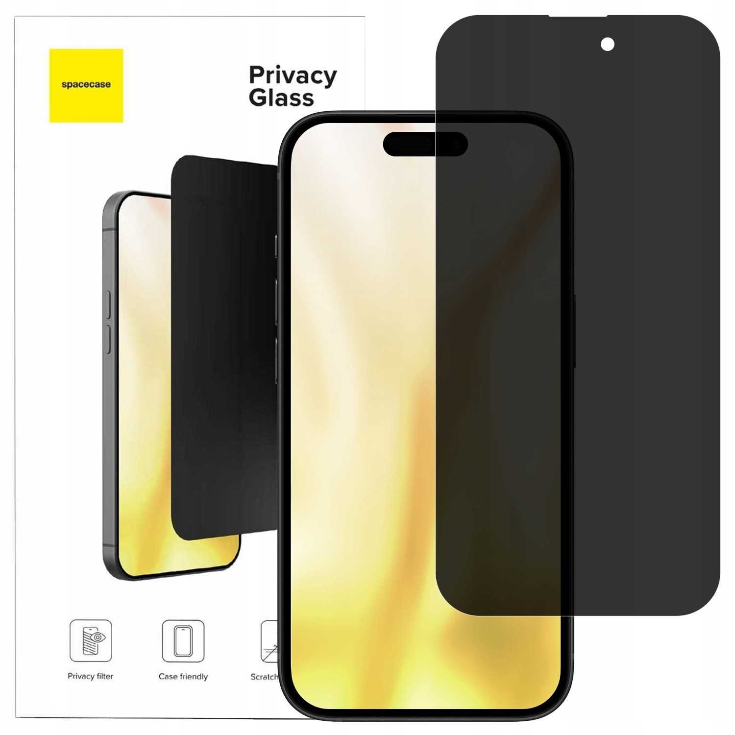 Obraz przedstawia opakowanie szkła prywatyzującego SPACECASE Glass Privacy oraz sam produkt na telefon. Na opakowaniu widnieje napis \'Privacy Glass\' i logo \'spacecase\'.