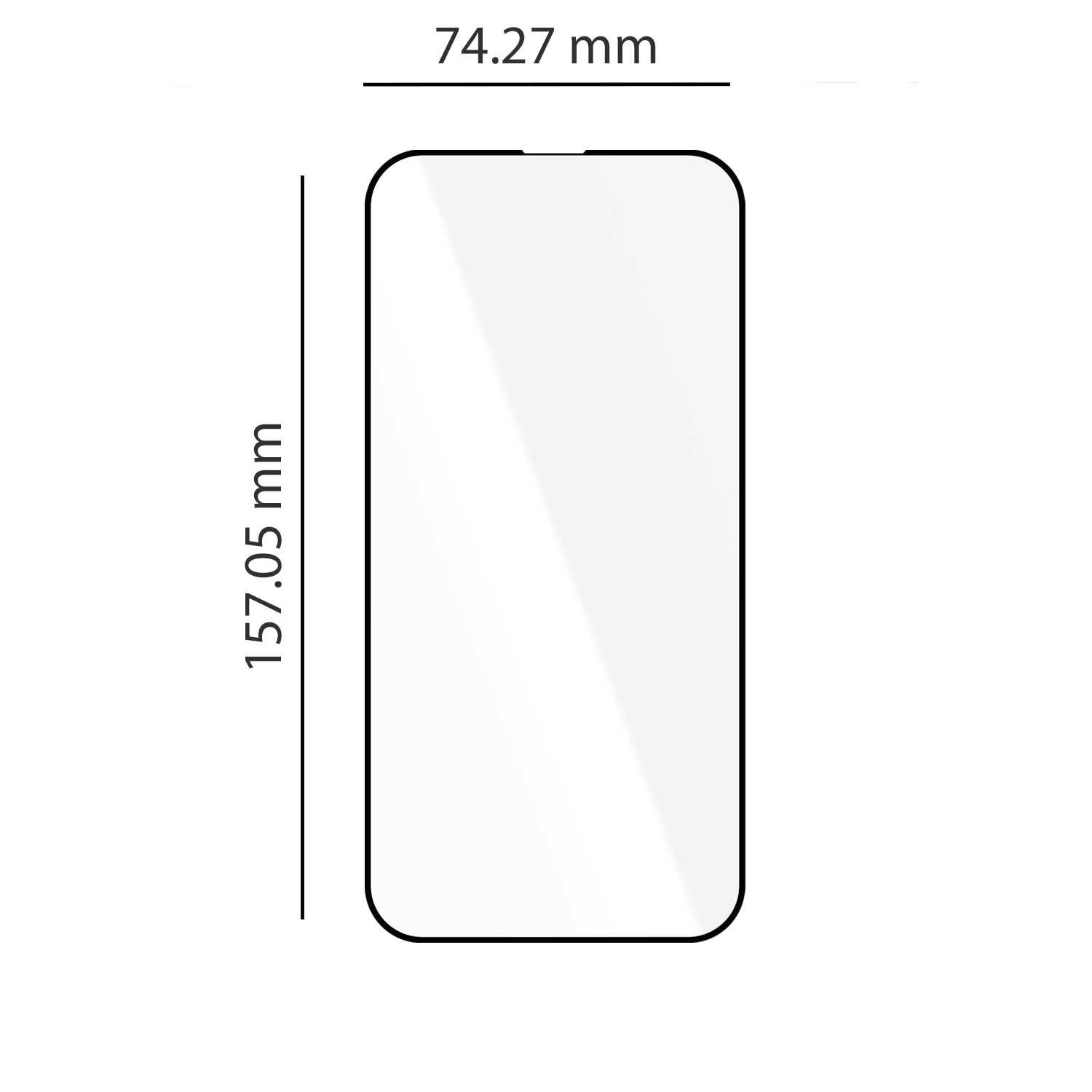 Obraz przedstawia prostokątny kształt z zaokrąglonymi rogami, przypominający ekran telefonu, z wymiarami 74.27 mm na 157.05 mm.