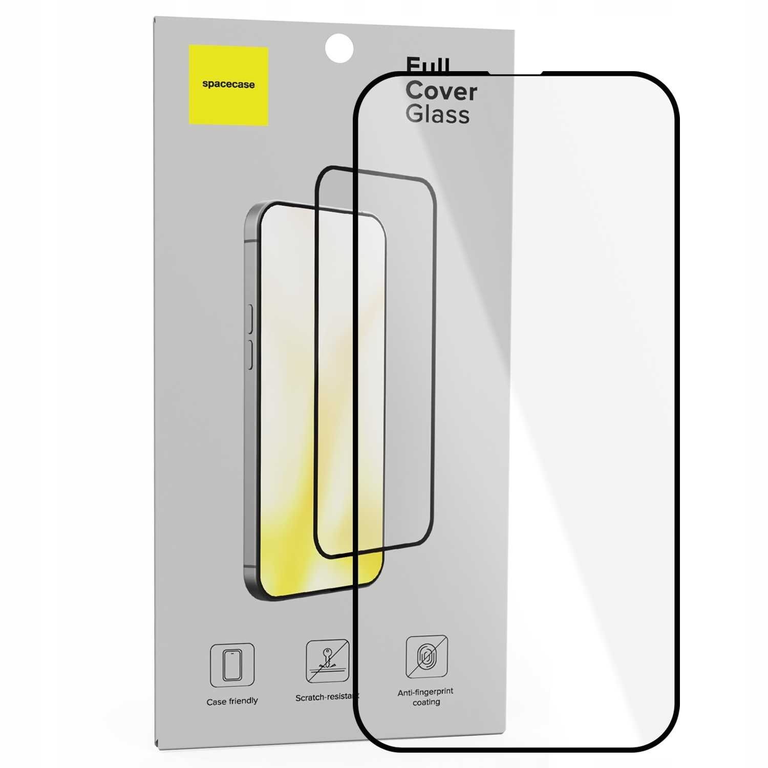 Opakowanie szkła hartowanego SPACECASE Full Cover Glass do iPhone 13 Pro Max/14 Plus z widocznym szkłem na tle szarego pudełka. Na opakowaniu znajdują się ikony z napisami: \'Case friendly\', \'Scratch-resistant\', \'Anti-fingerprint coating\'.