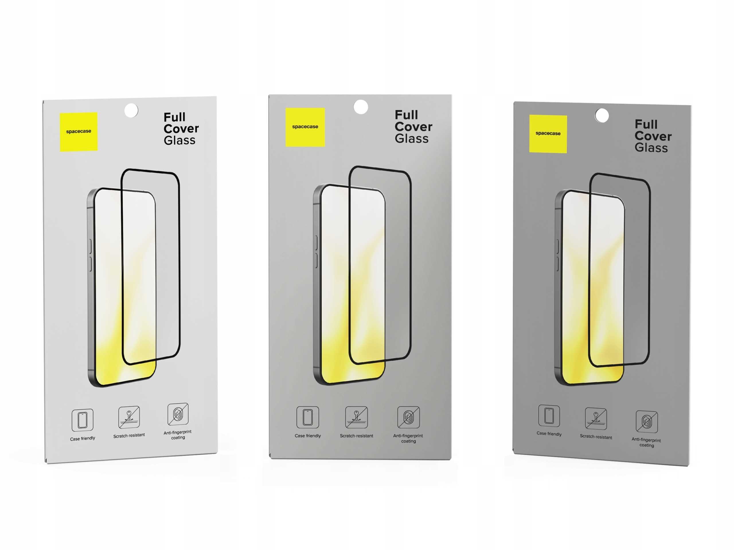Trzy opakowania szkła hartowanego SPACECASE Full Cover Glass z widocznym logo i napisem \'Full Cover Glass\'. Na opakowaniach znajdują się ikony z opisami: \'Case friendly\', \'Scratch resistant\', \'Anti-fingerprint coating\'.