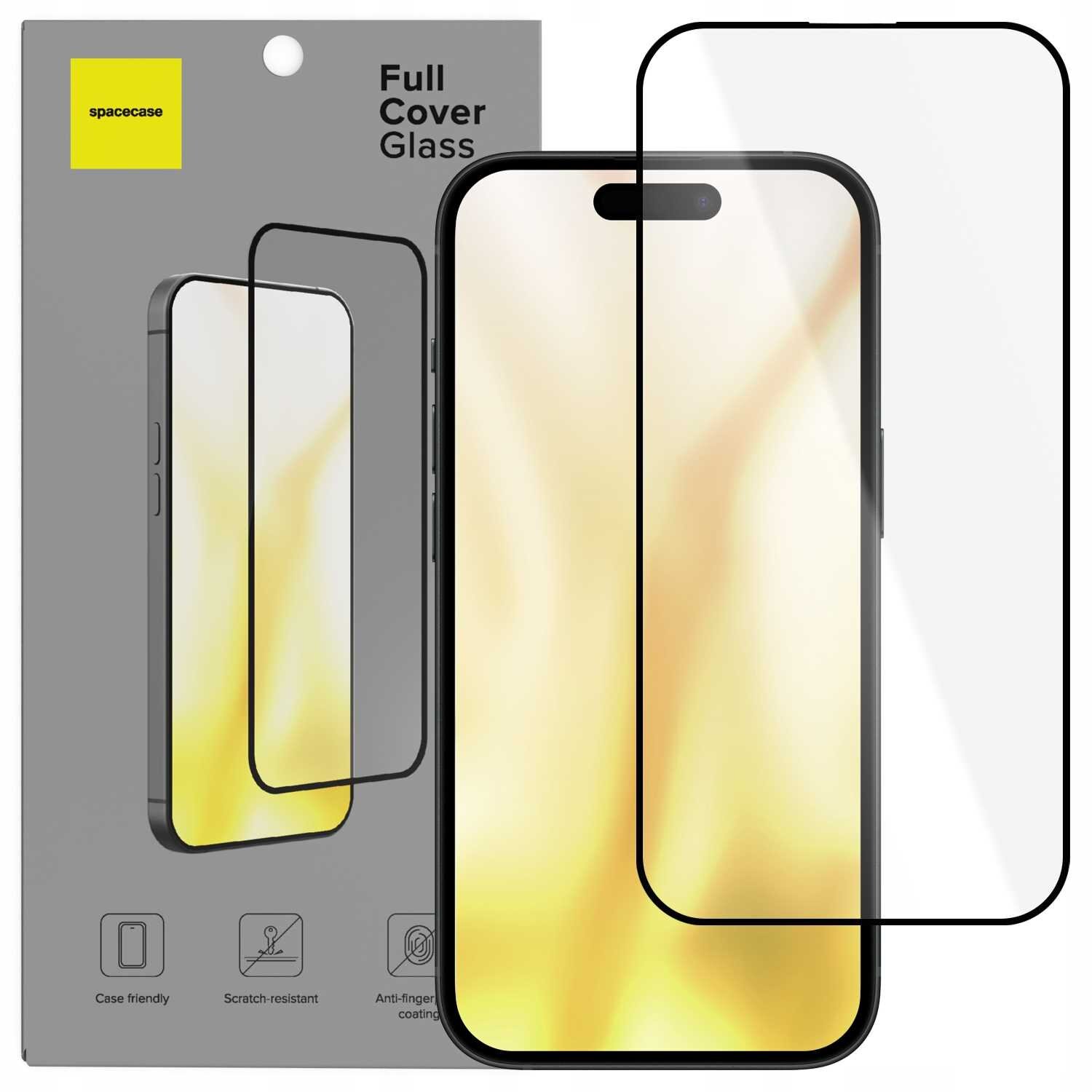 Opakowanie szkła hartowanego SPACECASE Full Cover Glass do telefonu, z widocznym szkłem na ekranie. Na opakowaniu znajdują się ikony z napisami: \'Case friendly\', \'Scratch-resistant\', \'Anti-fingerprint coating\'.