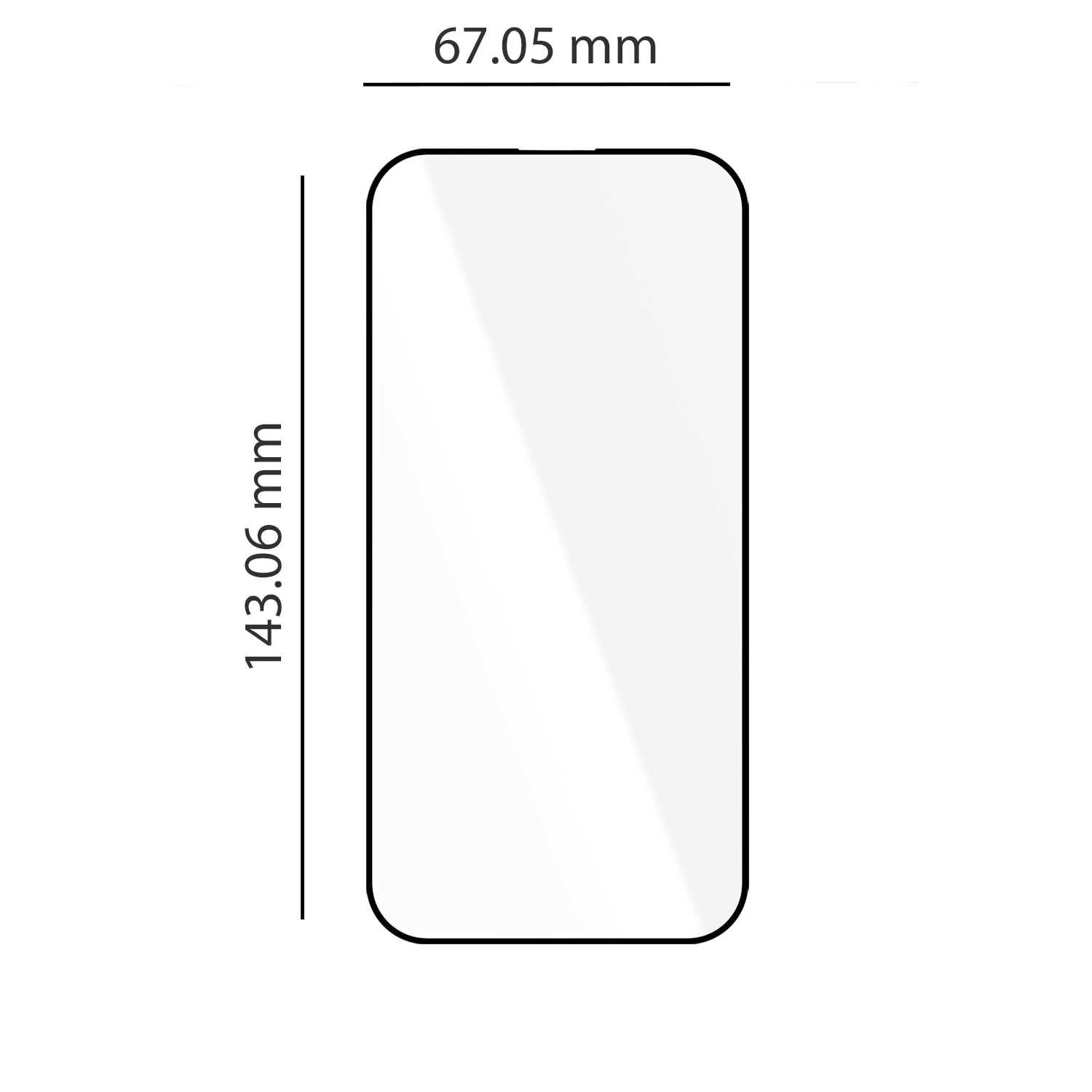 Obraz przedstawia prostokątny kształt z zaokrąglonymi rogami, przypominający ekran telefonu, z wymiarami 74.36 mm na 157.48 mm.