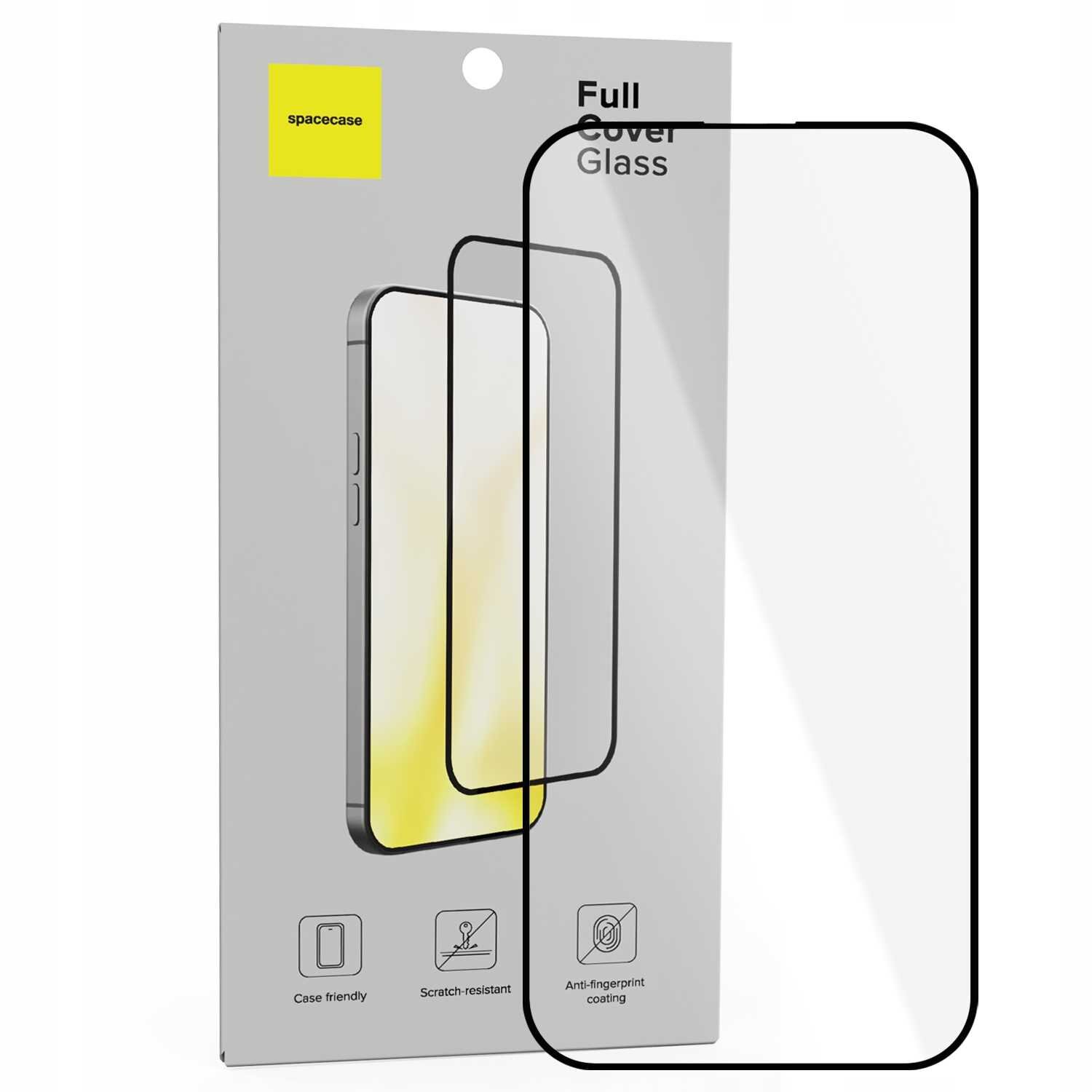 Opakowanie szkła hartowanego SPACECASE Full Cover Glass z widocznym szkłem na przodzie. Na opakowaniu znajdują się ikony z napisami: \'Case friendly\', \'Scratch-resistant\', \'Anti-fingerprint coating\'.