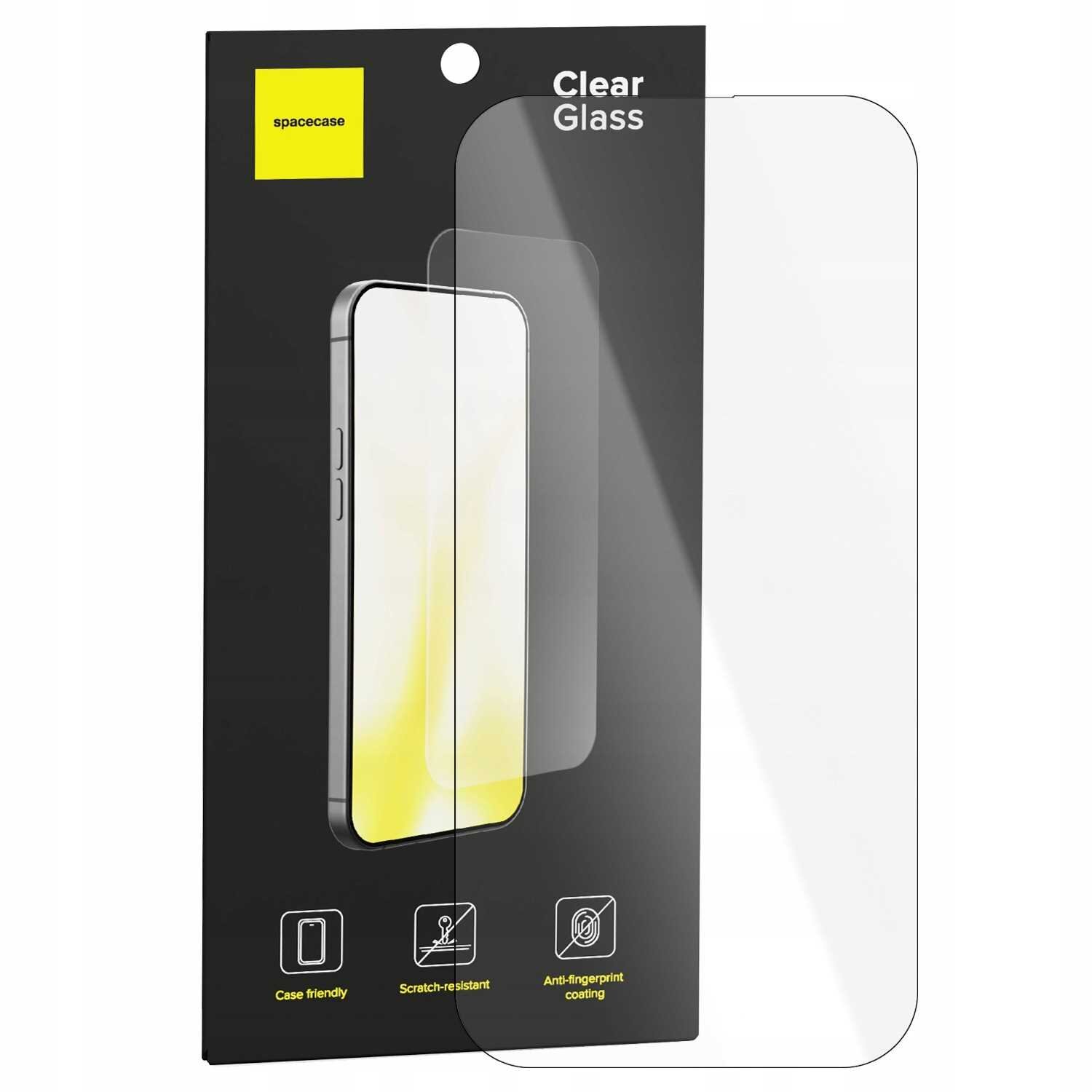 Opakowanie szkła hartowanego SPACECASE Clear Glass z widocznym napisem \'Clear Glass\'. Na dole opakowania znajdują się ikony z opisami: \'Case friendly\', \'Scratch-resistant\', \'Anti-fingerprint coating\'.