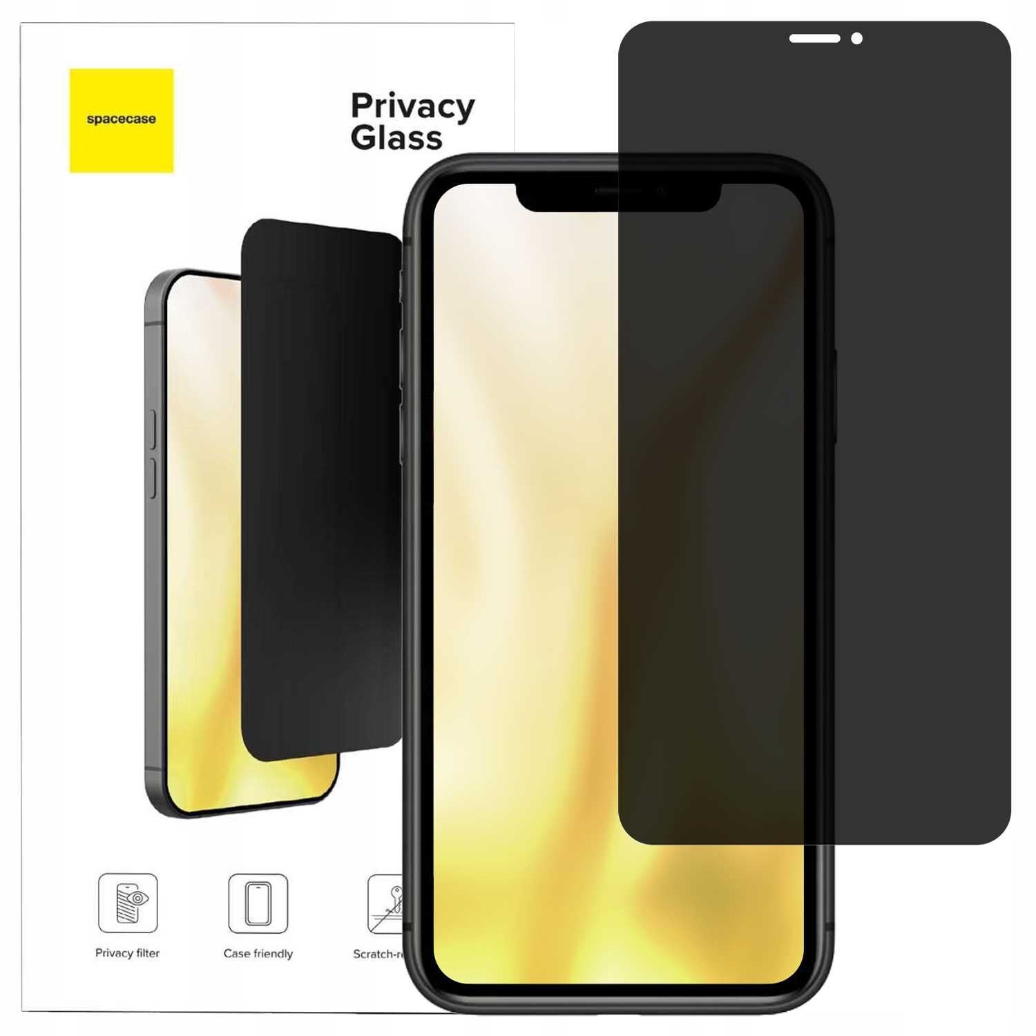 Obraz przedstawia szkło prywatyzujące na telefon, z opakowaniem oznaczonym logo \'spacecase\' i napisem \'Privacy Glass\'. Szkło jest ciemne, a na opakowaniu znajdują się ikony z napisami: \'Privacy filter\', \'Case friendly\', \'Scratch-resistant\'.