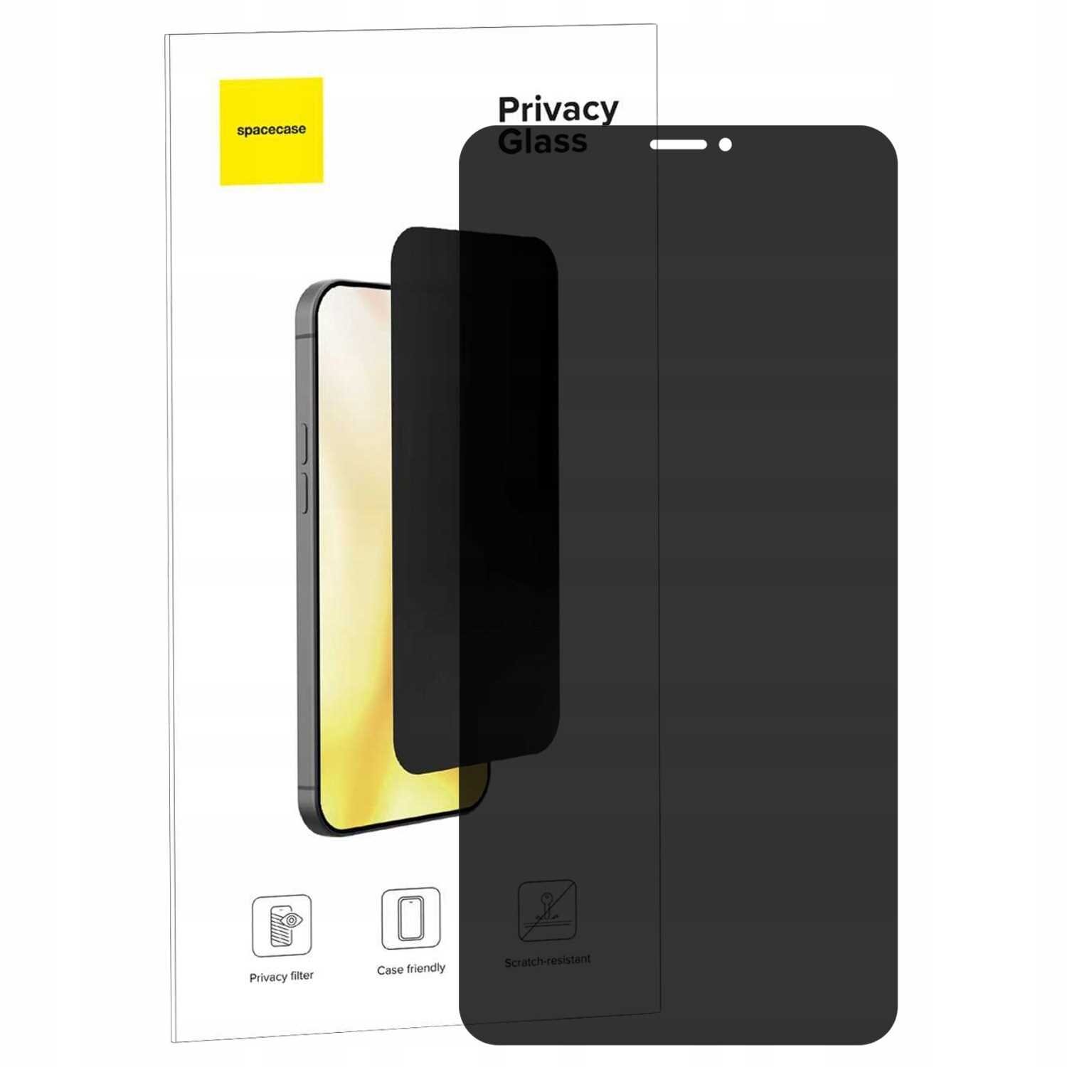 Na obrazie widoczny jest czarny filtr prywatyzujący na ekran telefonu, z opakowaniem w tle. Na opakowaniu znajduje się logo \'spacecase\' oraz napisy \'Privacy Glass\', \'Privacy filter\', \'Case friendly\', \'Scratch-resistant\'.