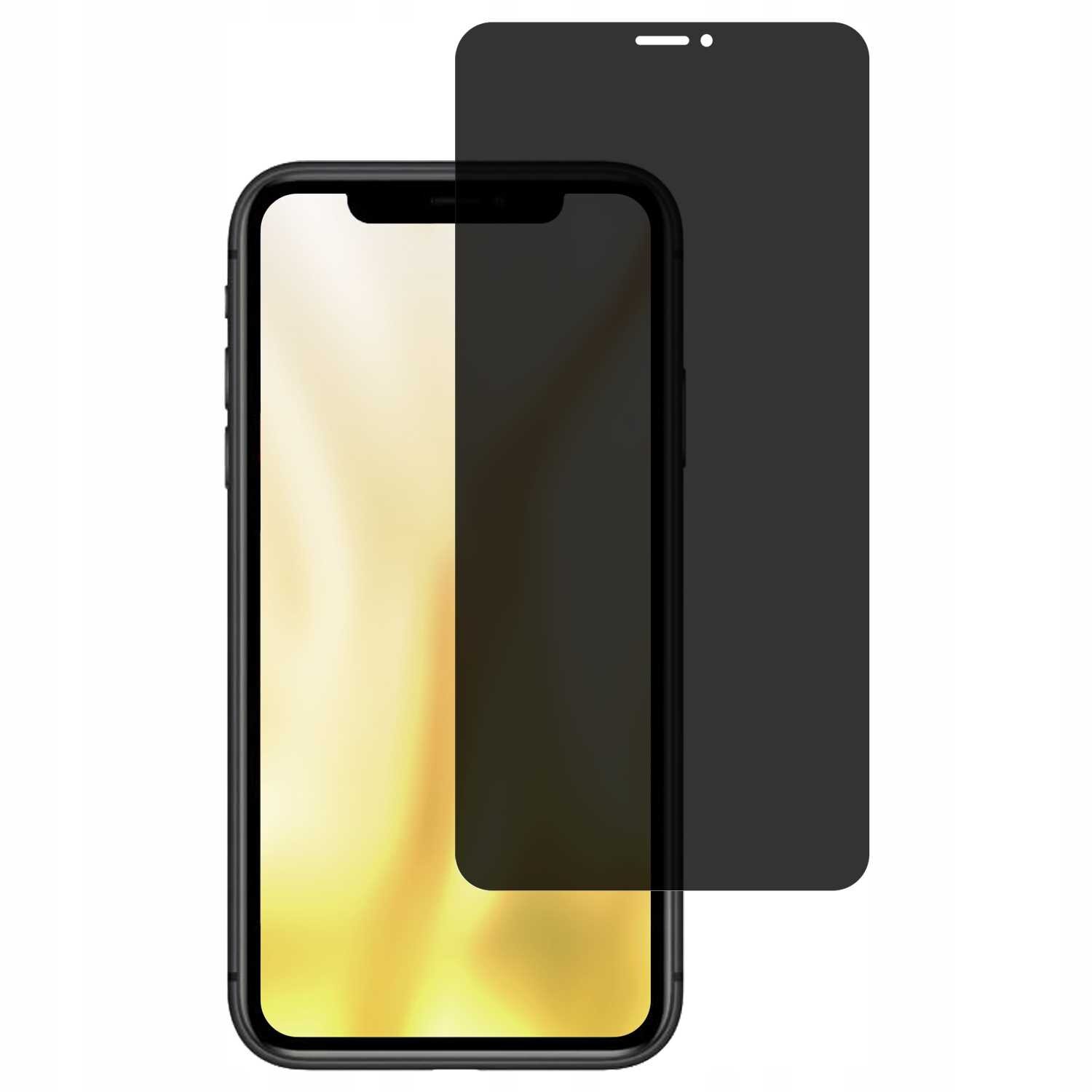 Na obrazie widoczny jest smartfon z nałożonym szkłem prywatyzującym, które jest ciemne i zasłania część ekranu. Szkło ma wycięcie na głośnik u góry.