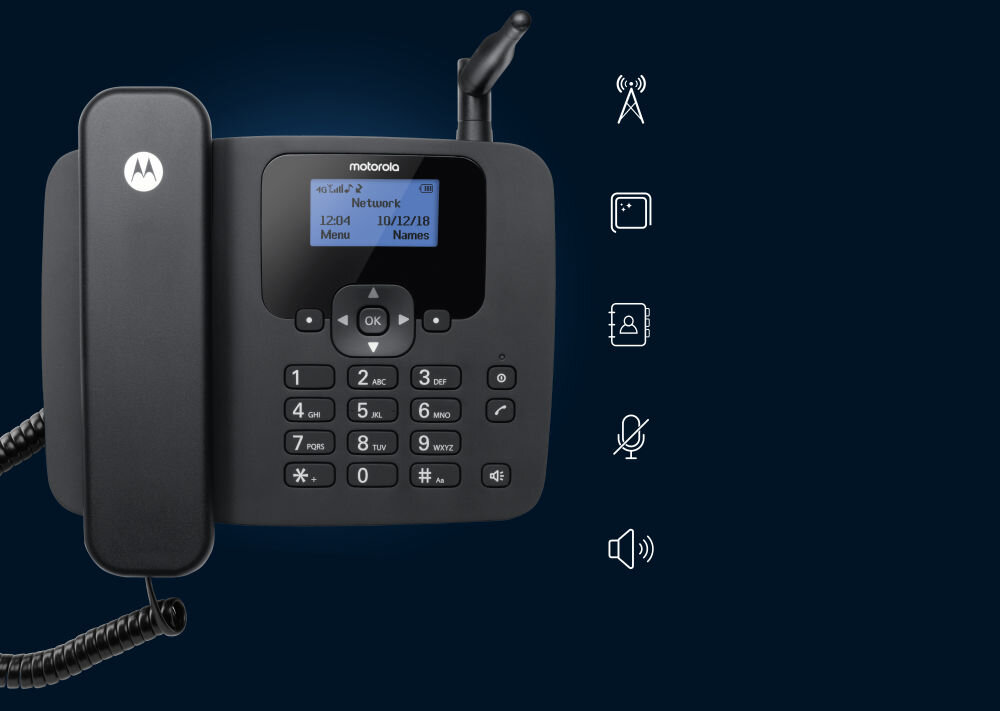 Czarny telefon stacjonarny z wyświetlaczem pokazującym tekst: \'Network\', \'12:04\', \'10/12/18\', \'Menu\', \'Names\'. Obok telefonu znajdują się ikony symbolizujące sygnał, książkę telefoniczną, wyciszenie i głośność.
