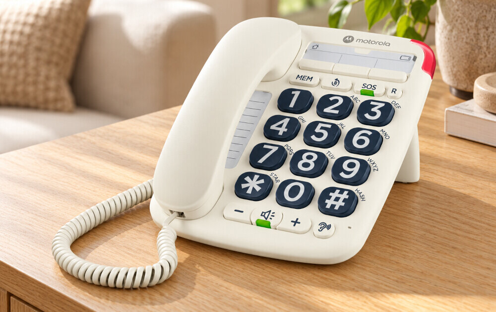 Przewodowy telefon stacjonarny Motorola CT200, biały — prosta obsługa i duże przyciski, sekcja nagłówkowa