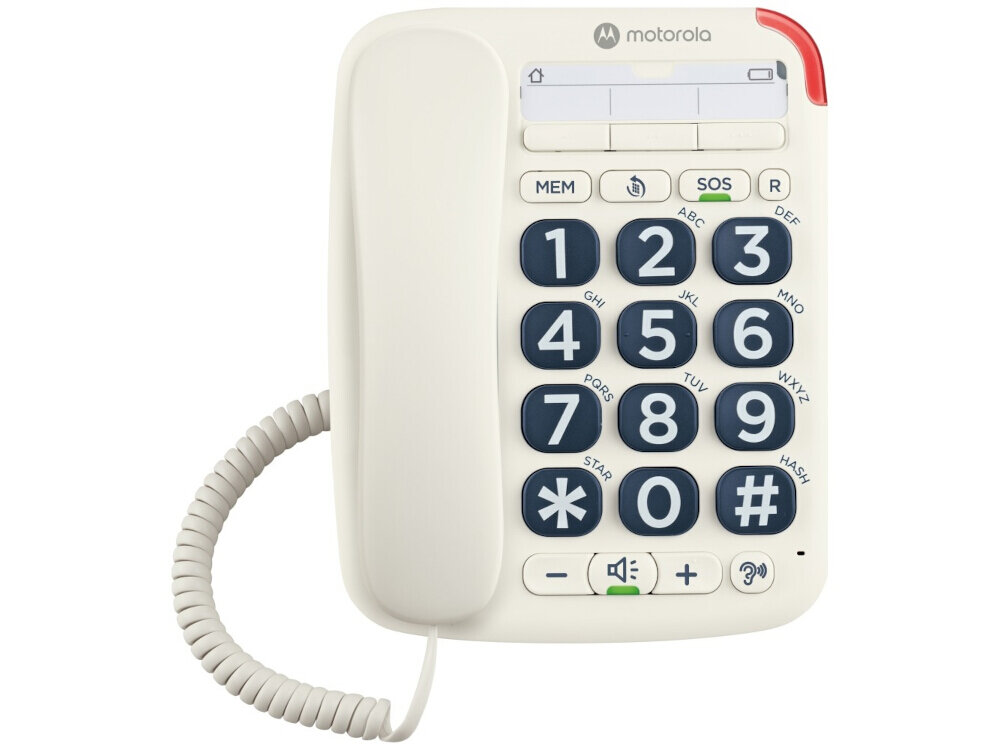 Przewodowy telefon stacjonarny Motorola CT200, biały — duże kontrastowe przyciski i ergonomiczna słuchawka