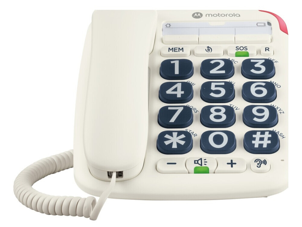 Przewodowy telefon stacjonarny Motorola CT200, biały — tryb głośnomówiący, regulacja głośności i zgodność z aparatami słuchowymi HAC