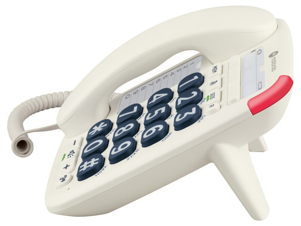 Przewodowy telefon stacjonarny Motorola CT200, biały — sygnalizacja LED połączeń i wiadomości głosowych oraz funkcje zależne od operatora