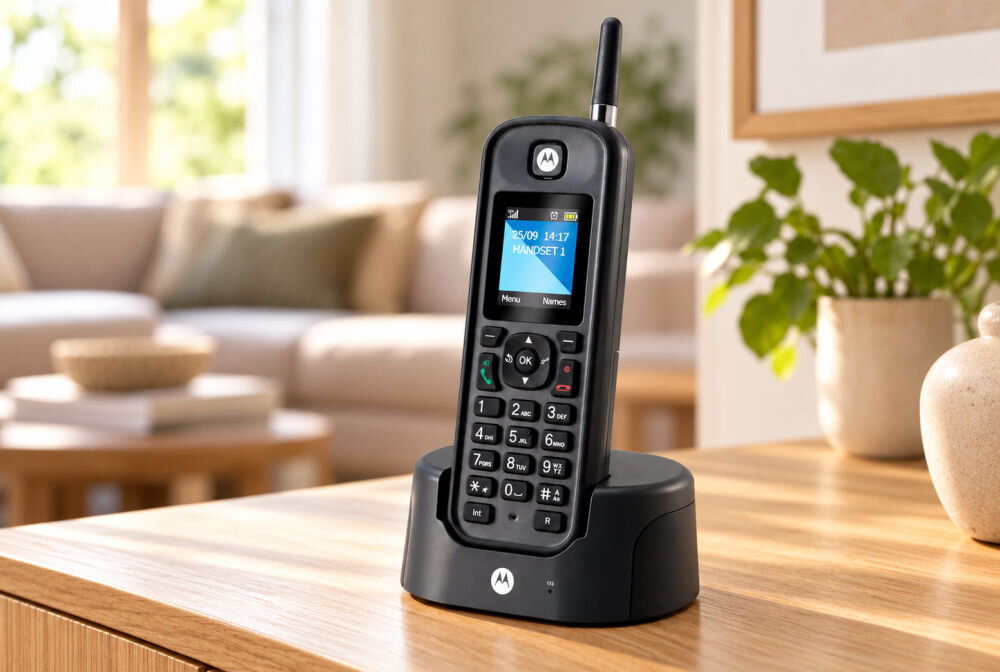 Telefon stacjonarny bezprzewodowy Motorola O201, czarny — technologia DECT, duży zasięg i obudowa IP67, sekcja nagłówkowa